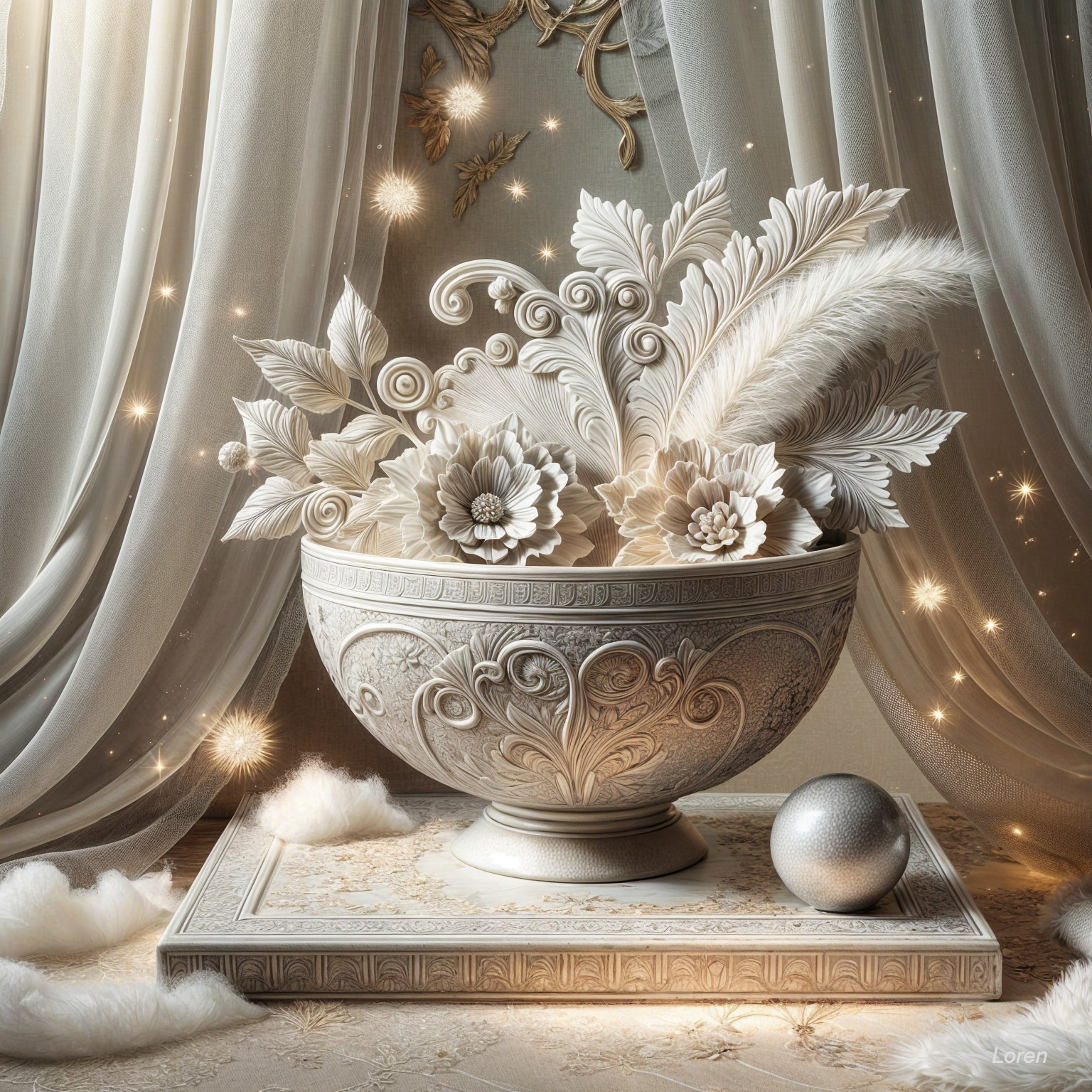 Decorative Bowl with Floral Arrangements and Feathers