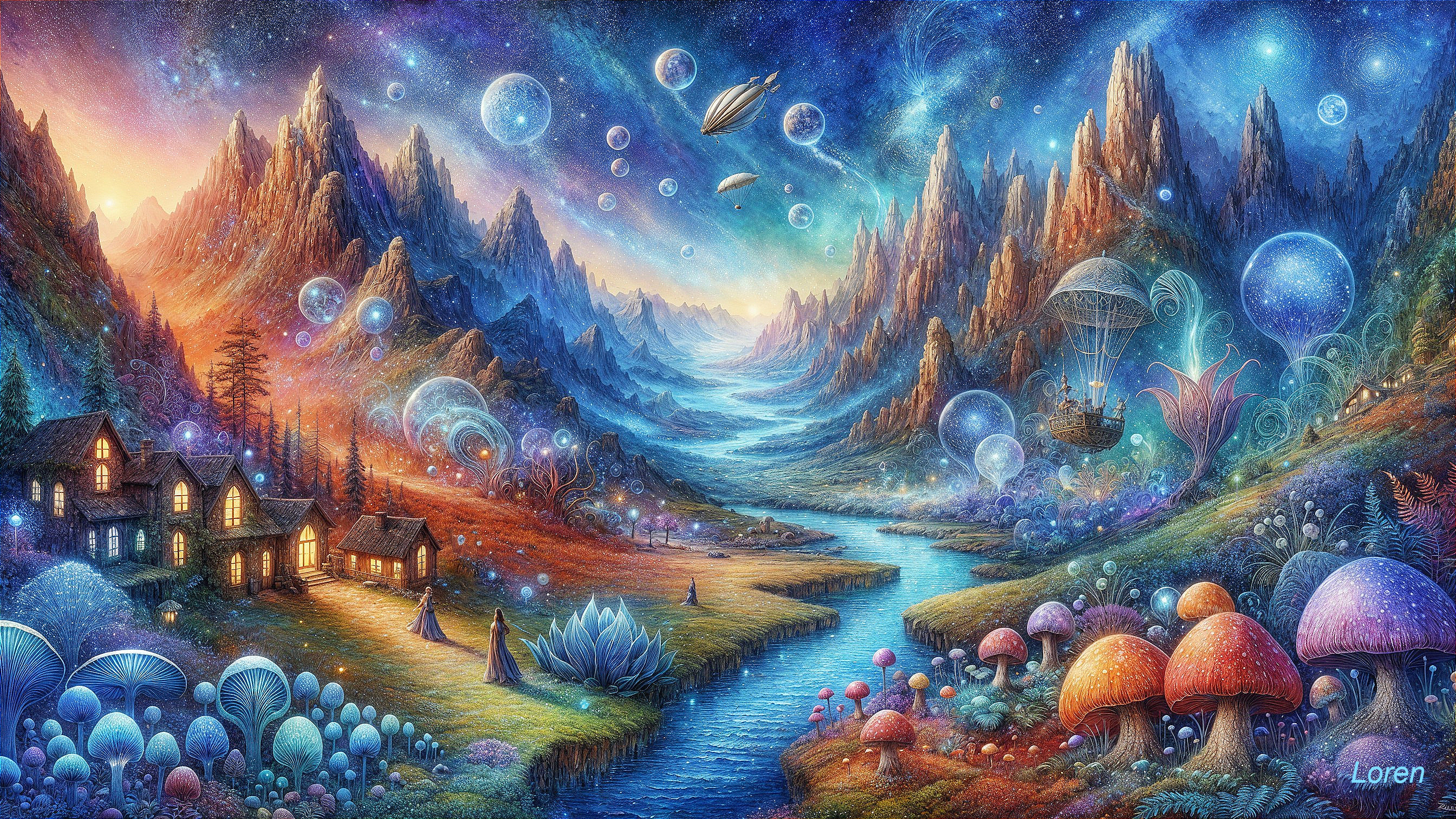 Surreal Landscape with Mountains and Ethereal Bubbles