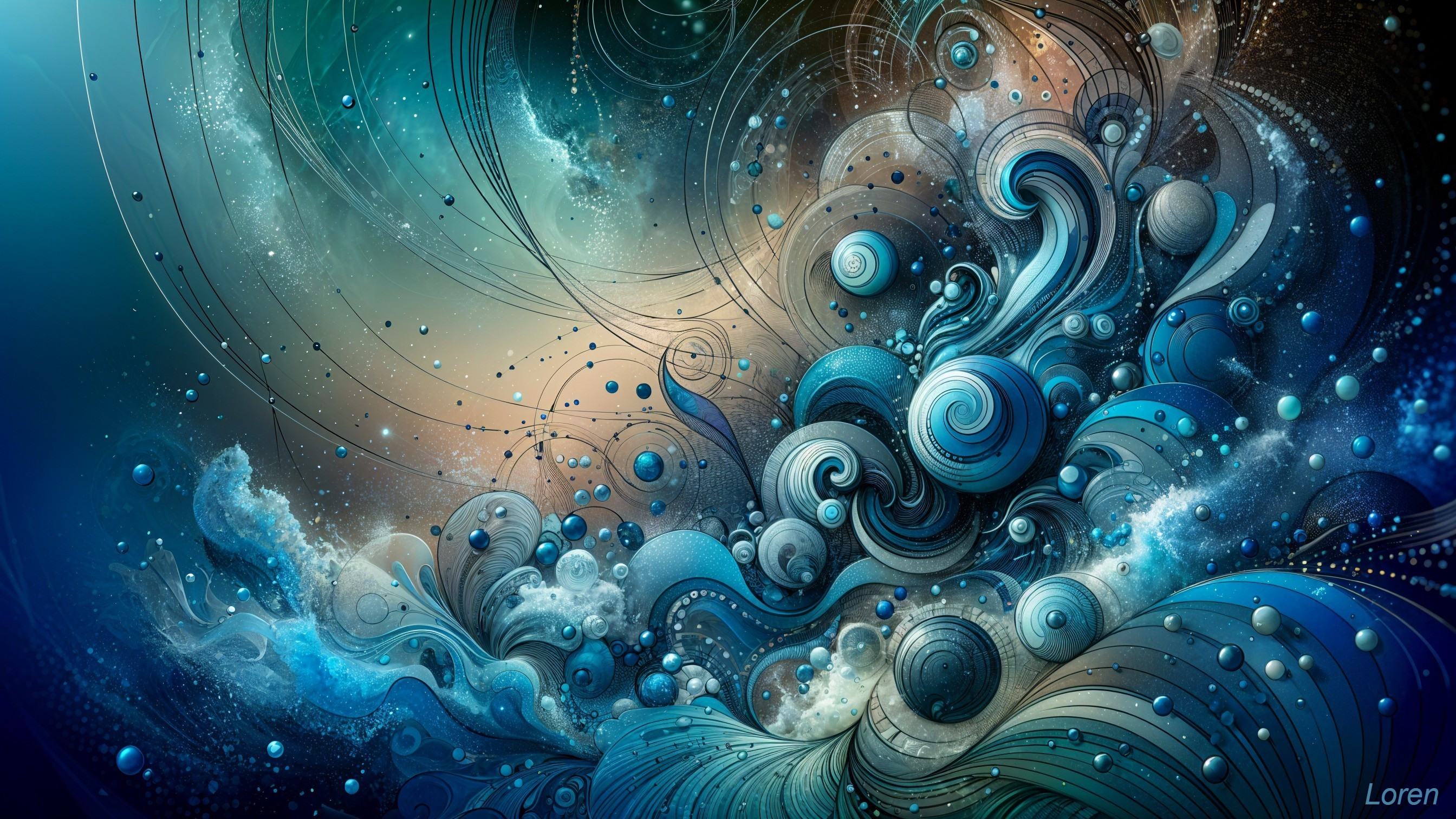 Abstract Composition with Swirling Blue and Teal Patterns
