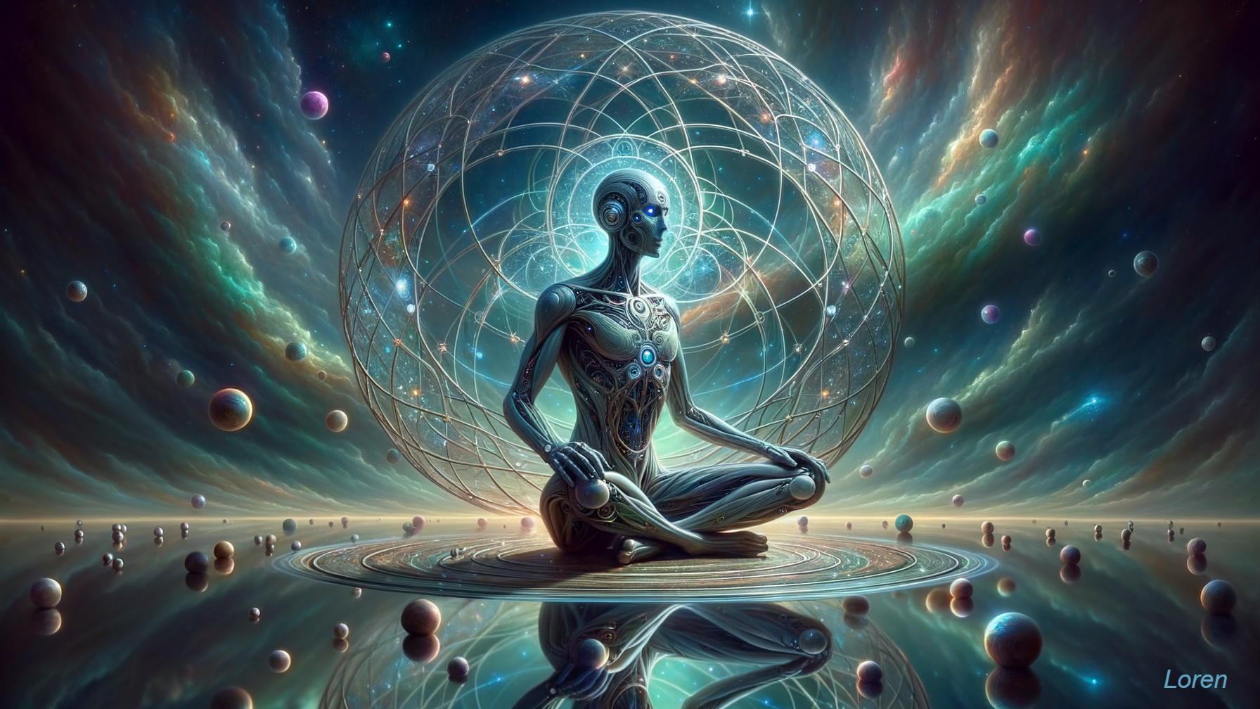 Robotic Figure in Cosmic Landscape with Geometric Patterns