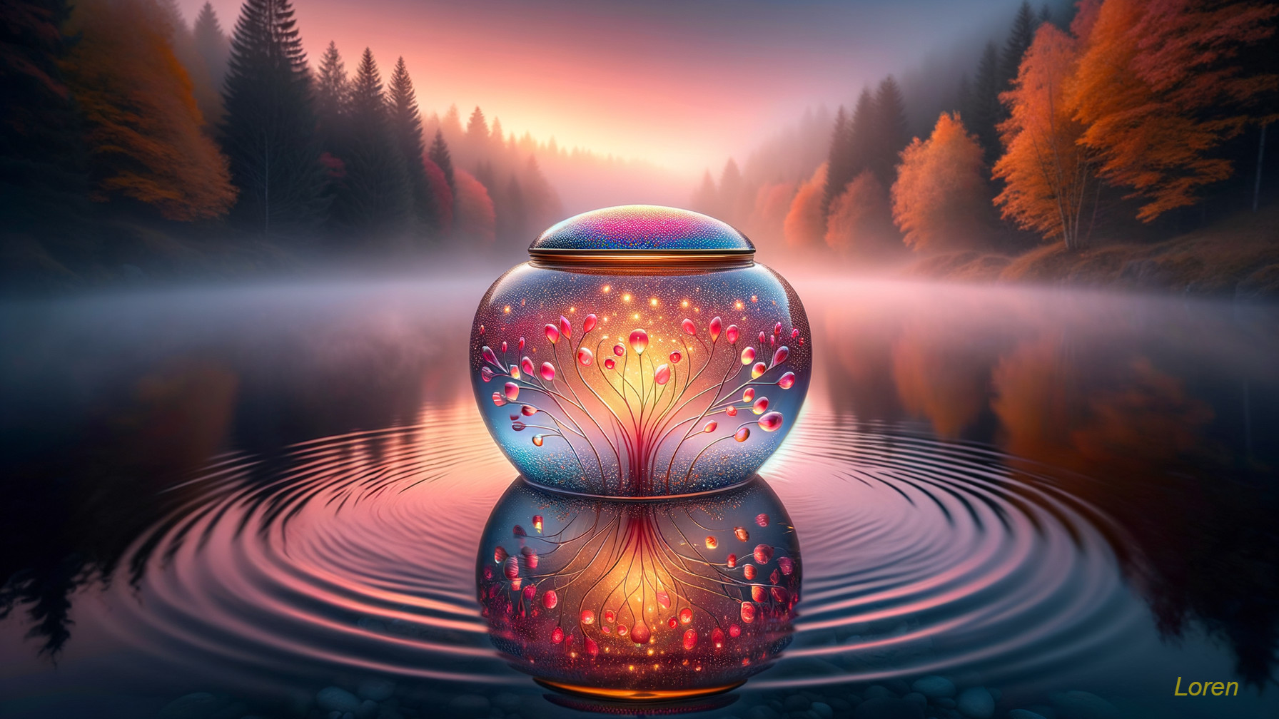 Glass Jar with Floral Designs on Calm Lake at Sunrise