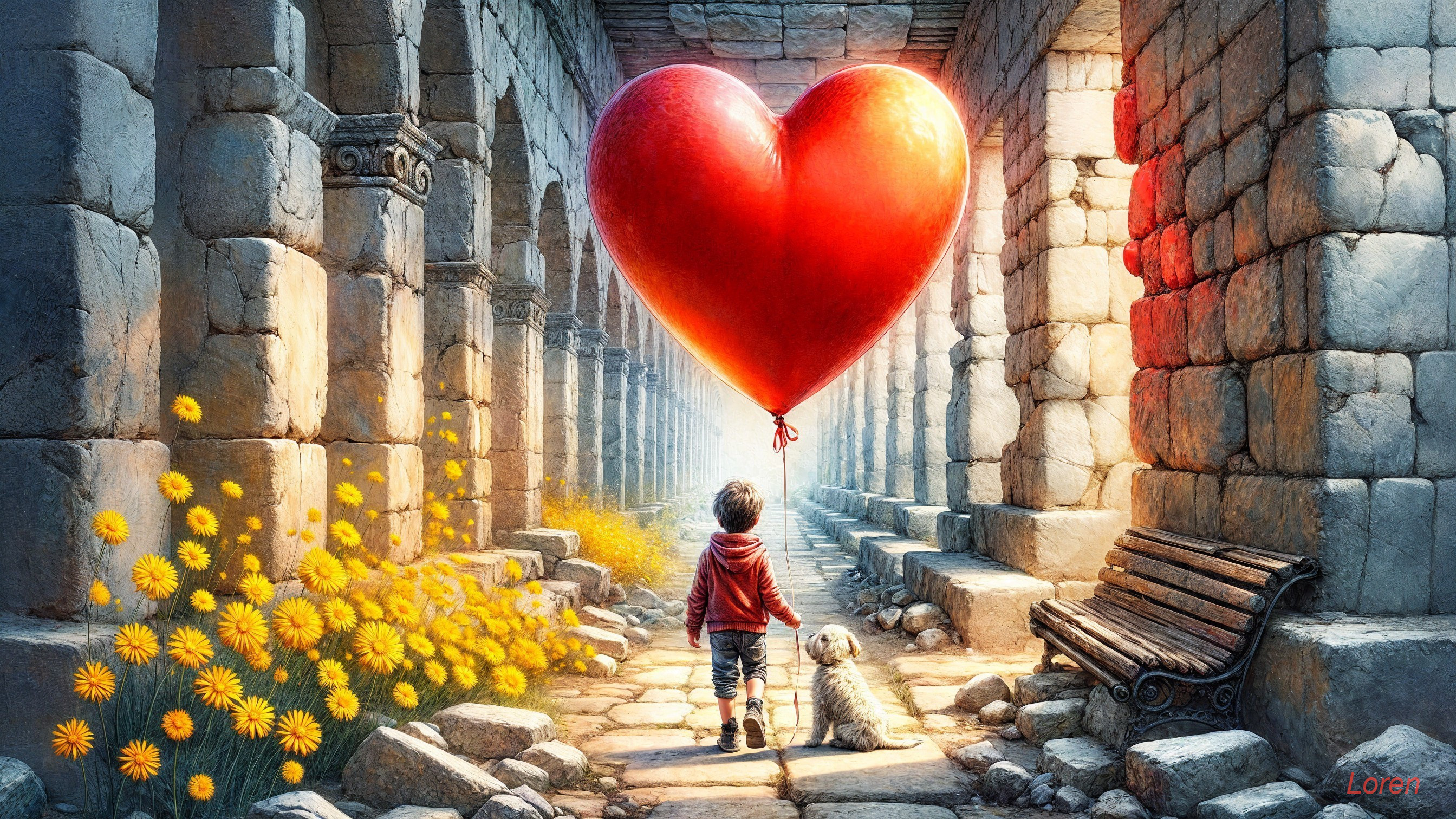 Child with Balloon and Dog in Stone Corridor