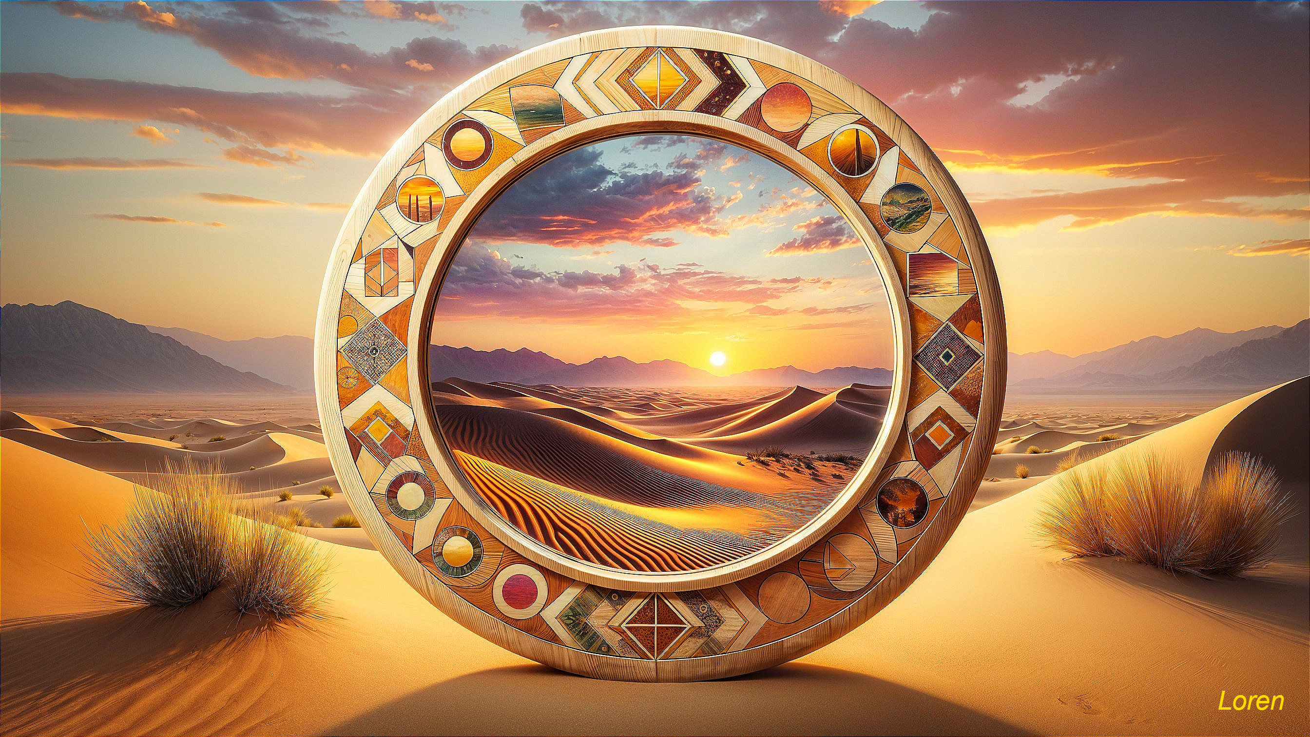Circular Frame in Golden Desert Landscape at Sunset