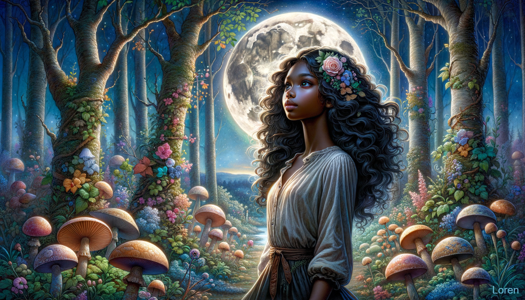 Young woman in enchanted forest under moonlight