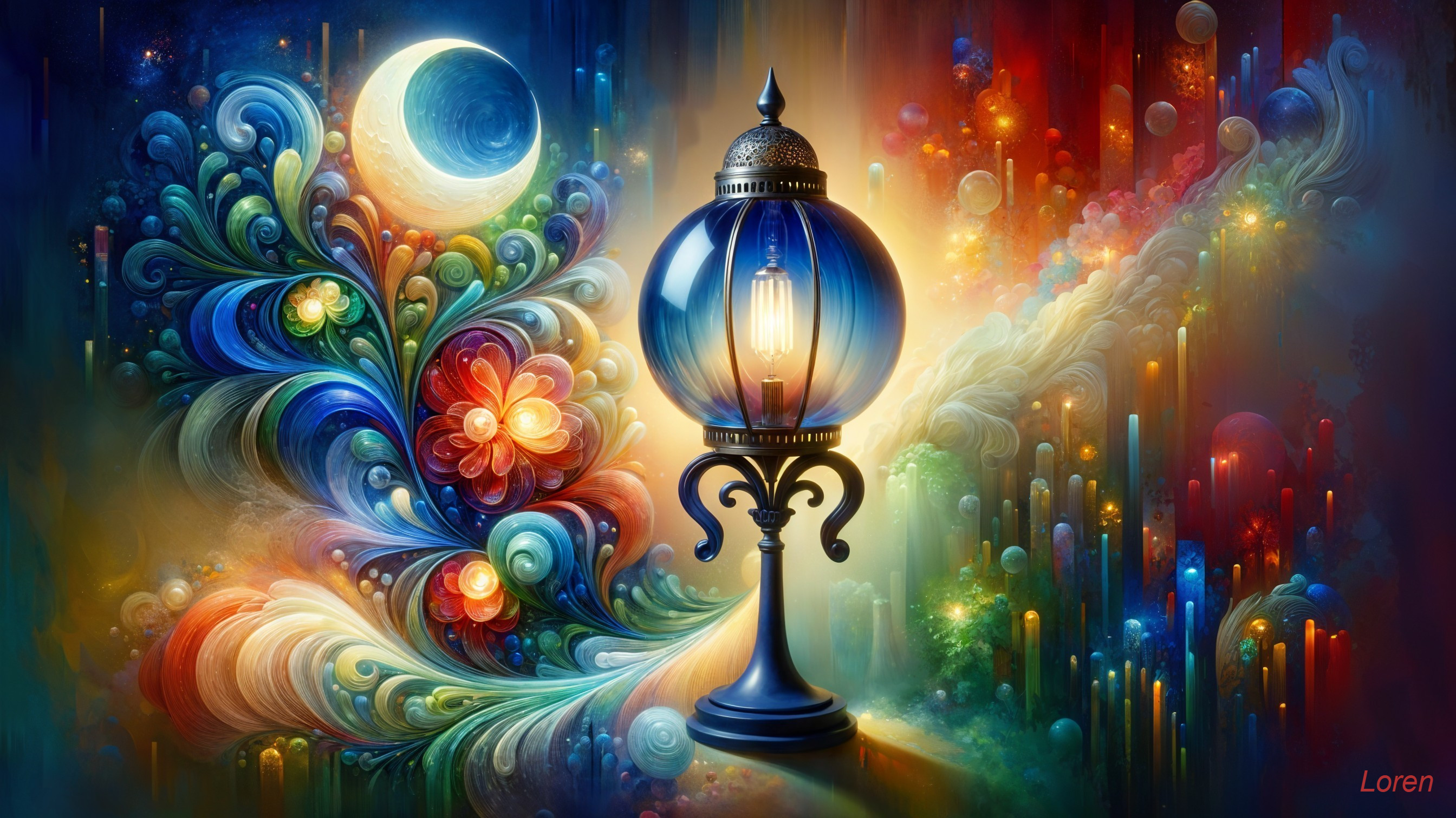 Vibrant Abstract Floral Design with Lantern and Moon