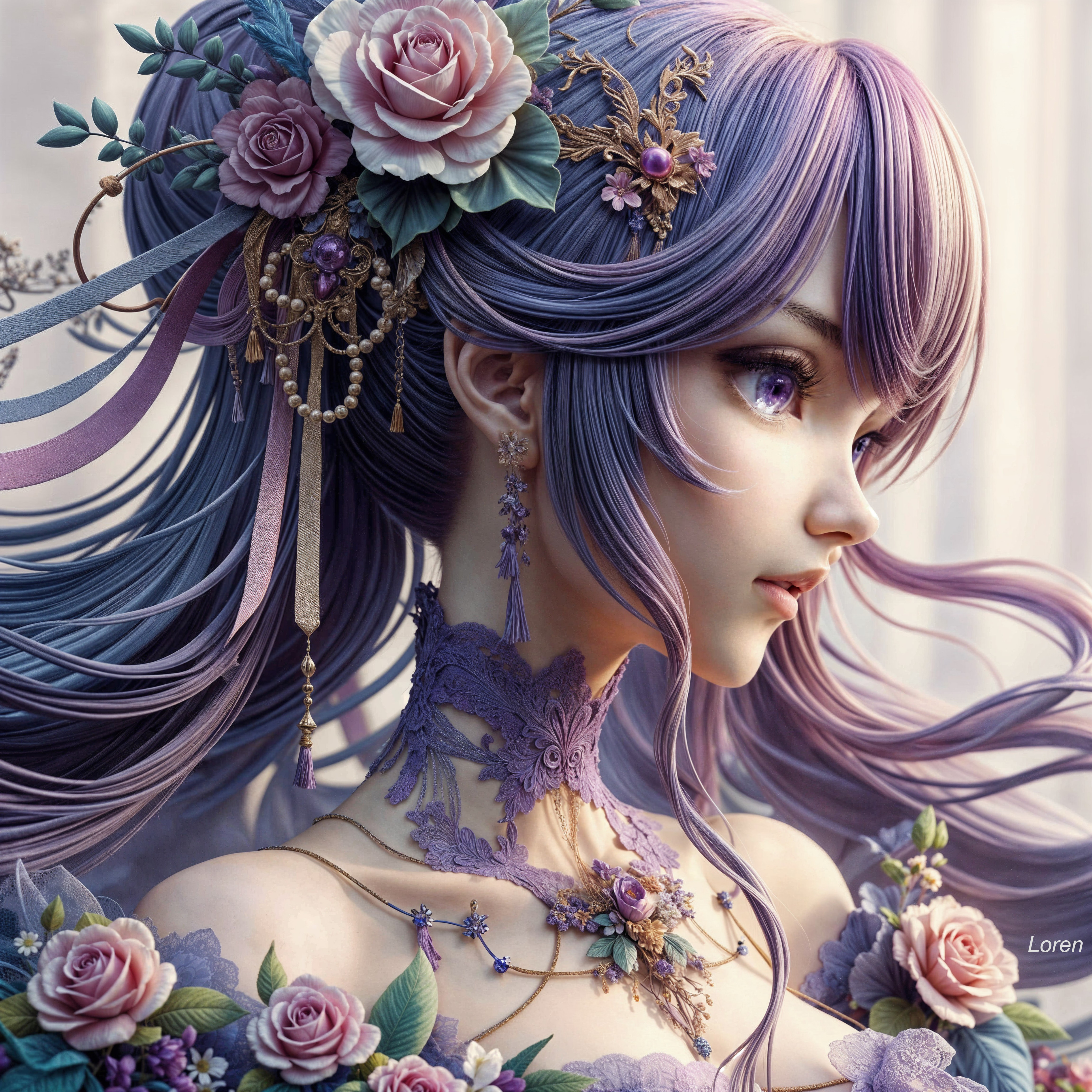 Portrait of a woman with lavender hair and floral decor