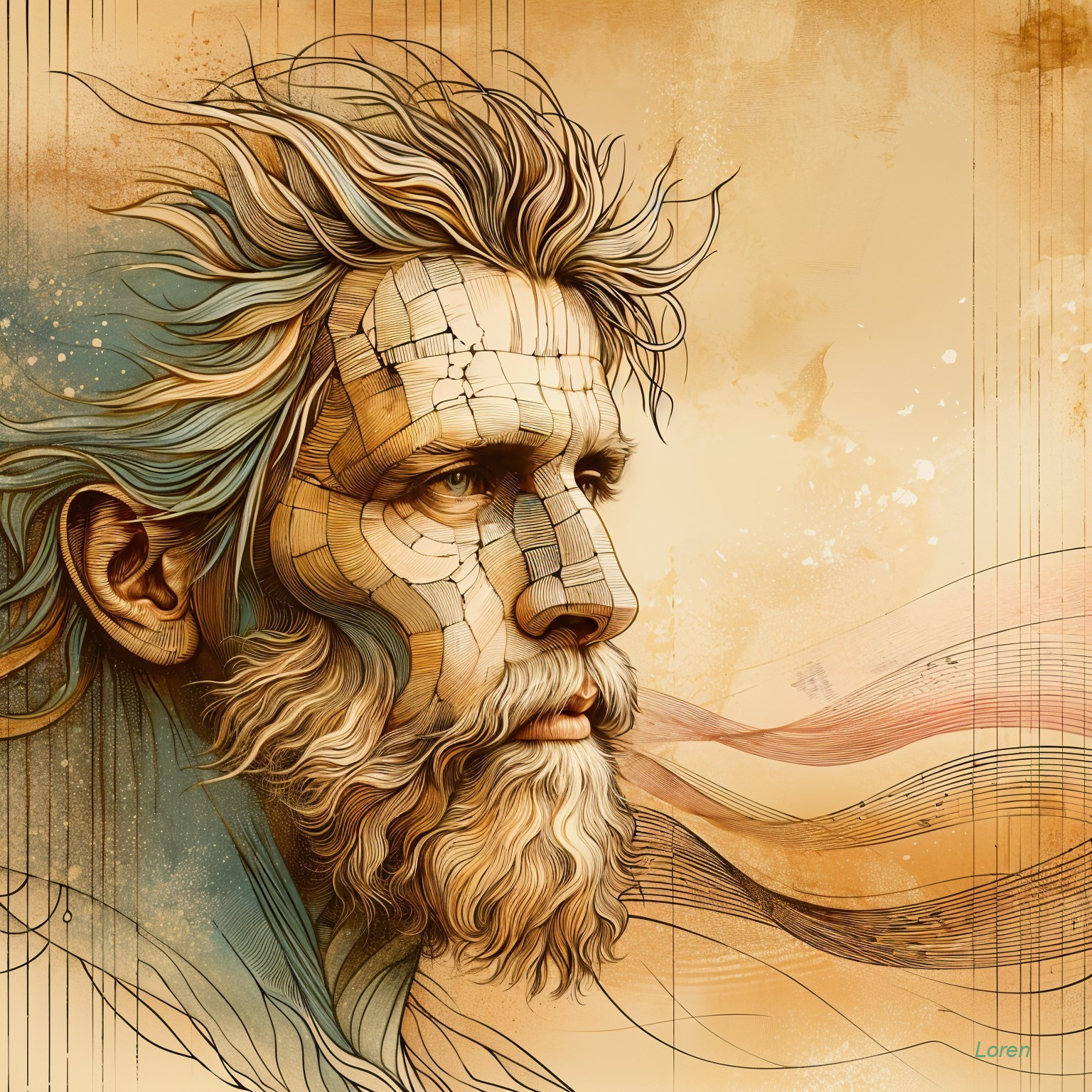 Stylized Portrait of an Older Man with Abstract Features