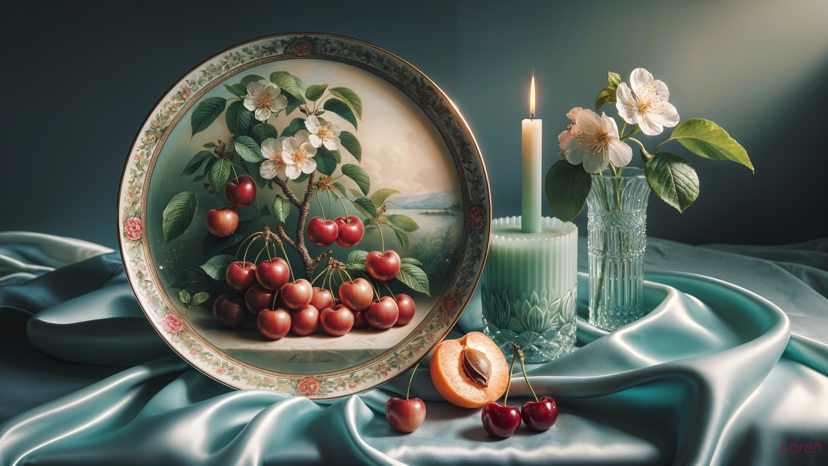 Still Life with Cherries, Candle, and Flowers