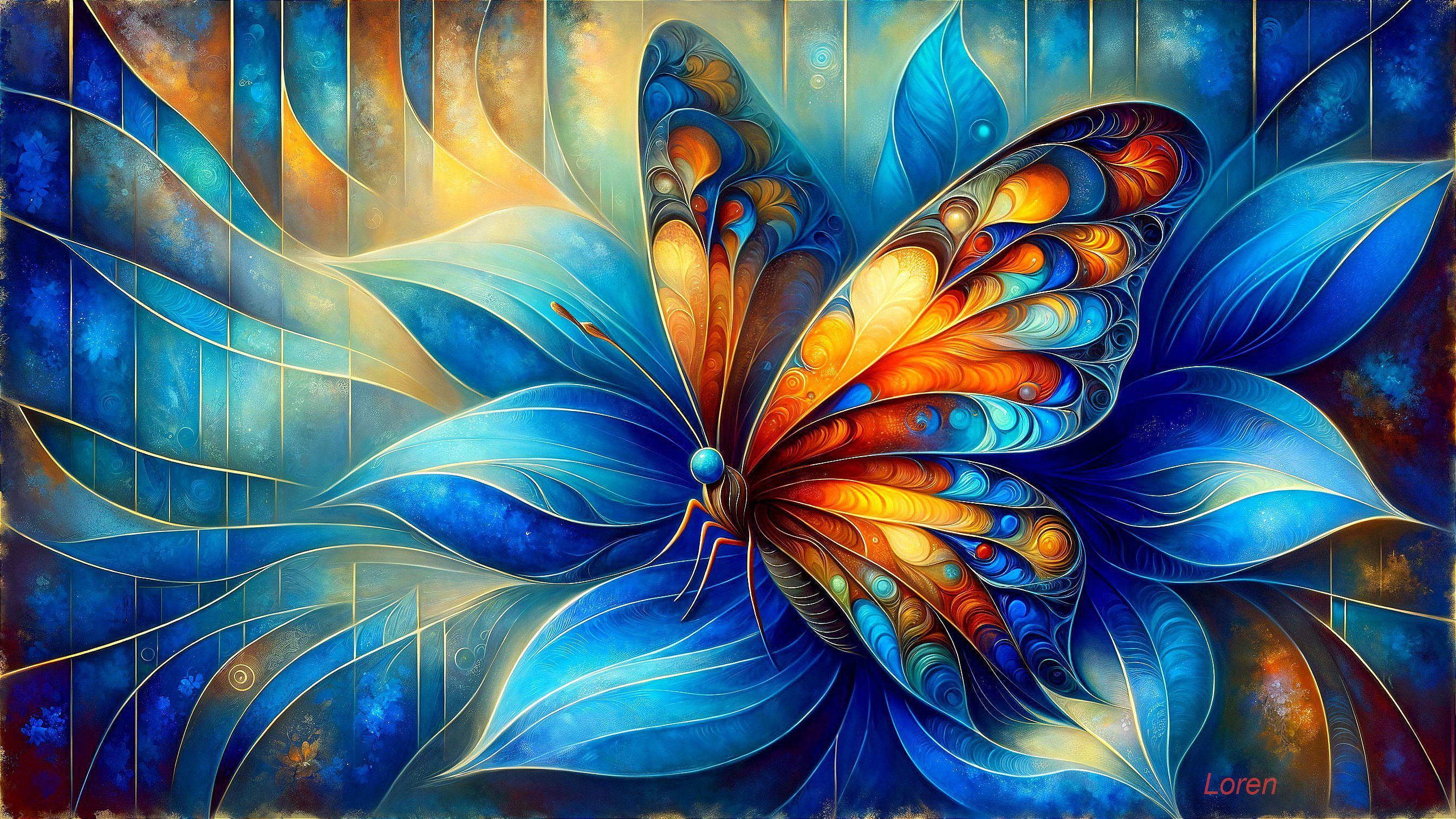 Abstract Butterfly Illustration on Blue Flower