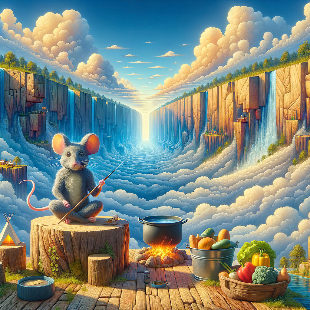 Whimsical Mouse Cooking in a Surreal Landscape