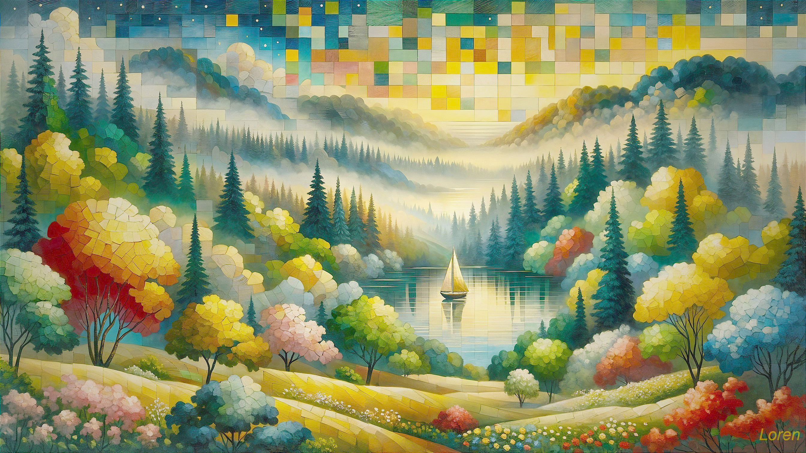 Vibrant Landscape with Lake, Trees, and Sailboat