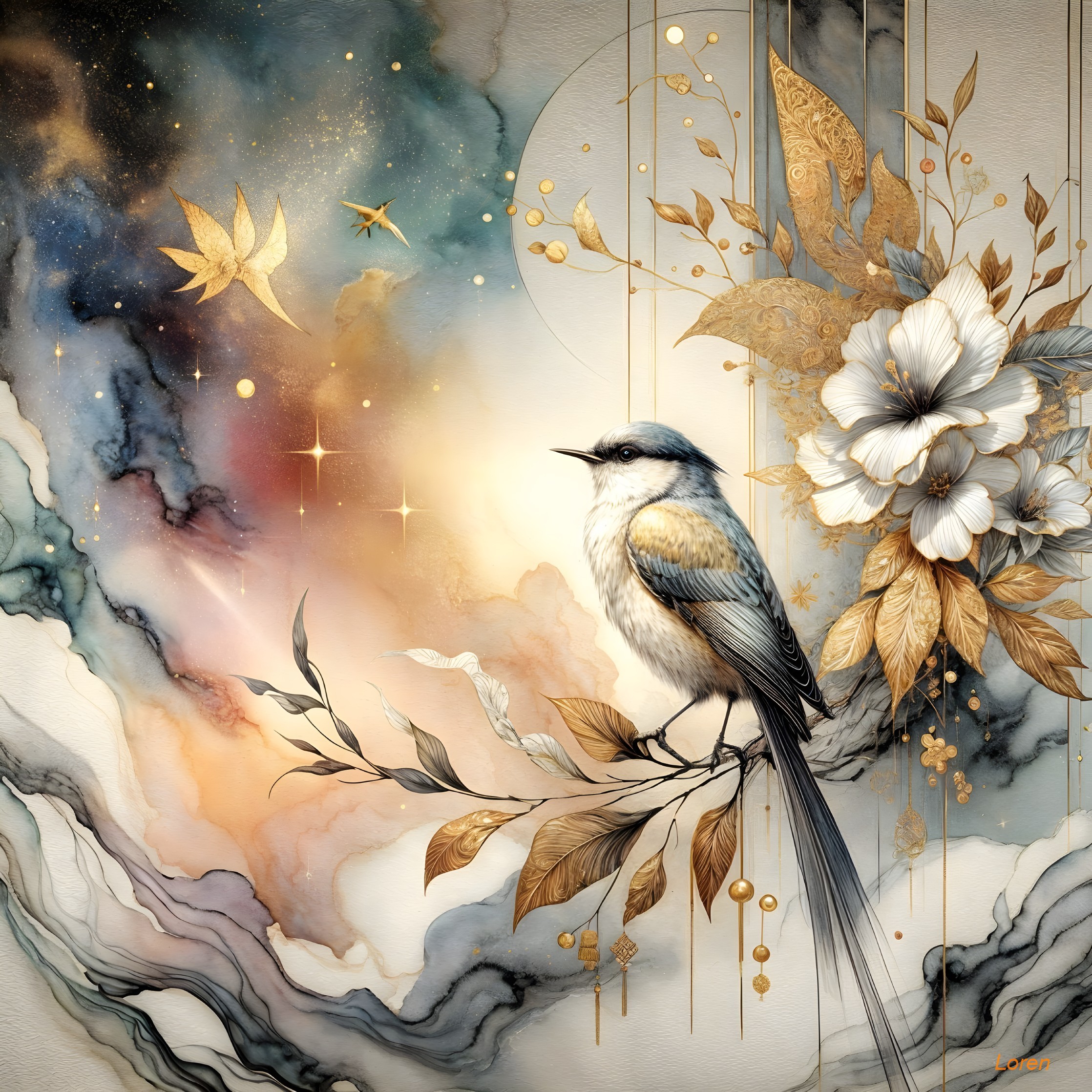 Delicate Bird Among Dreamy Clouds and Elegant Flowers