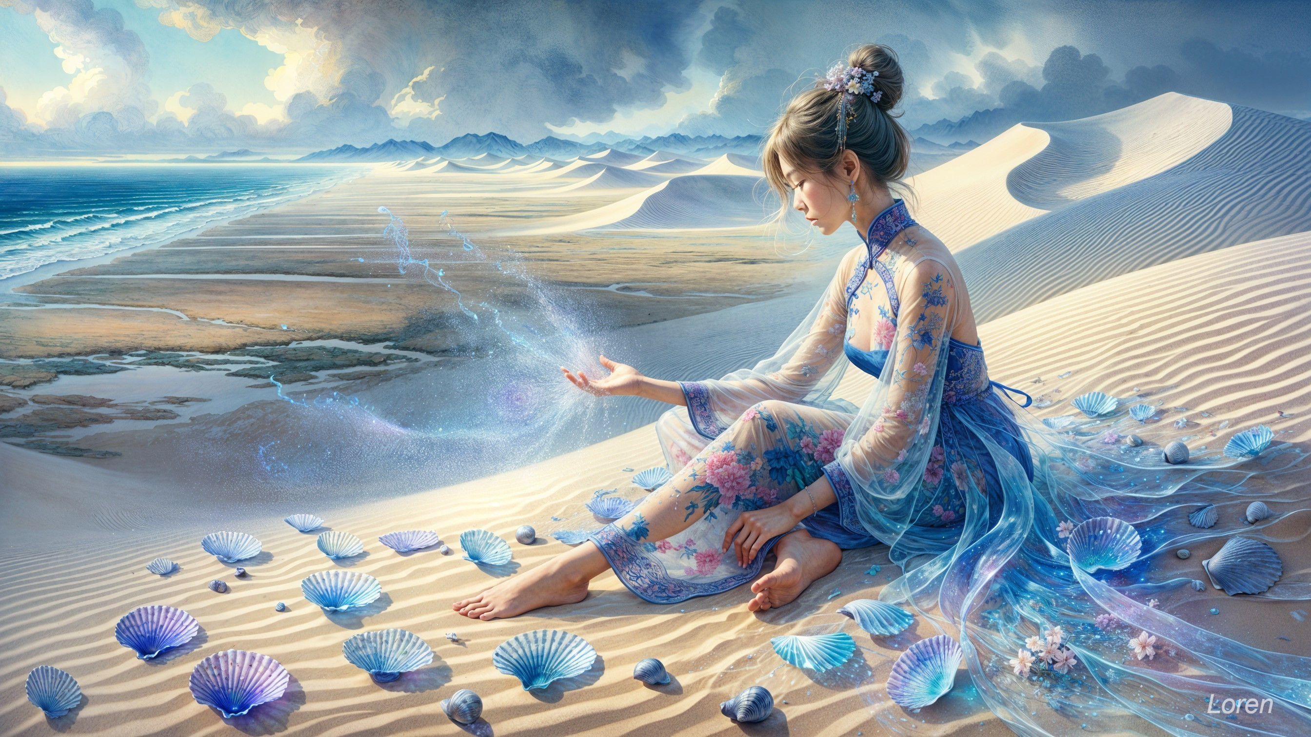 Serene Sandy Landscape with Woman and Ocean Horizon