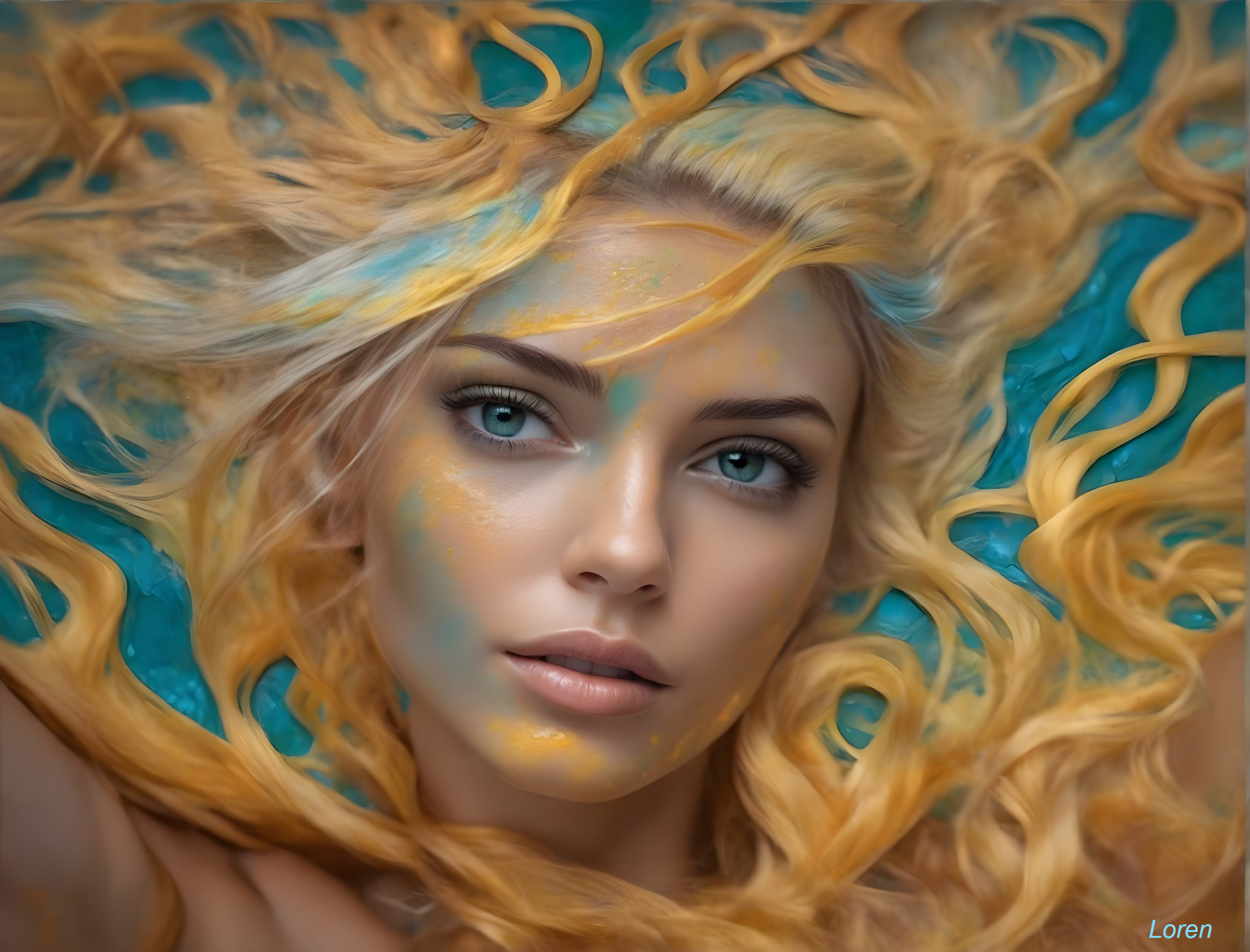 Close-up Portrait of a Woman with Blue Eyes and Paint