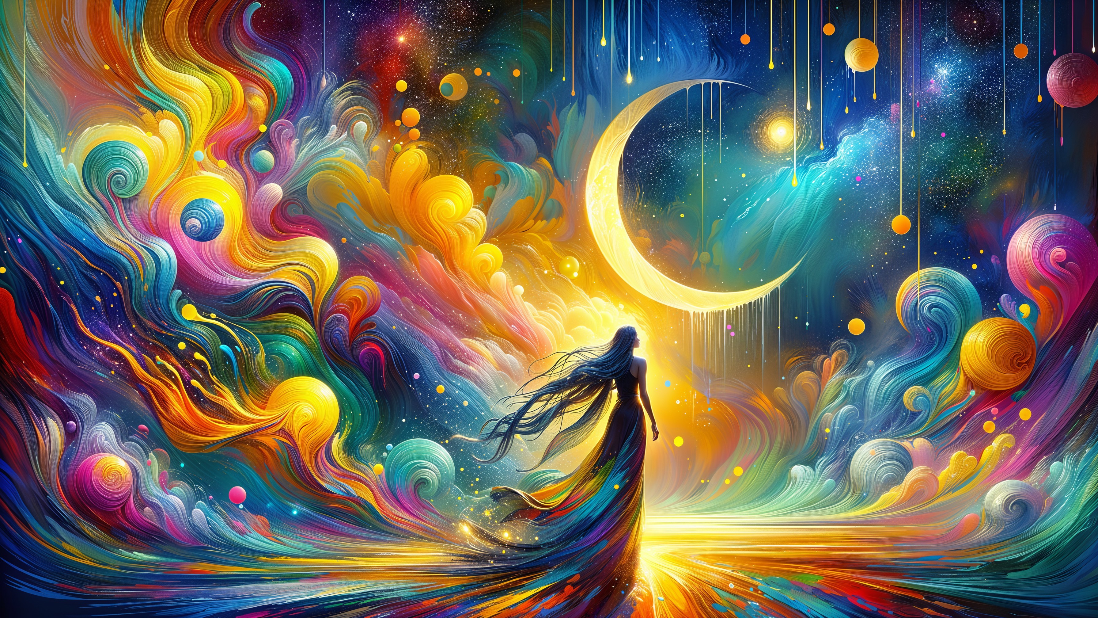 Vibrant Cosmic Landscape with Silhouetted Figure
