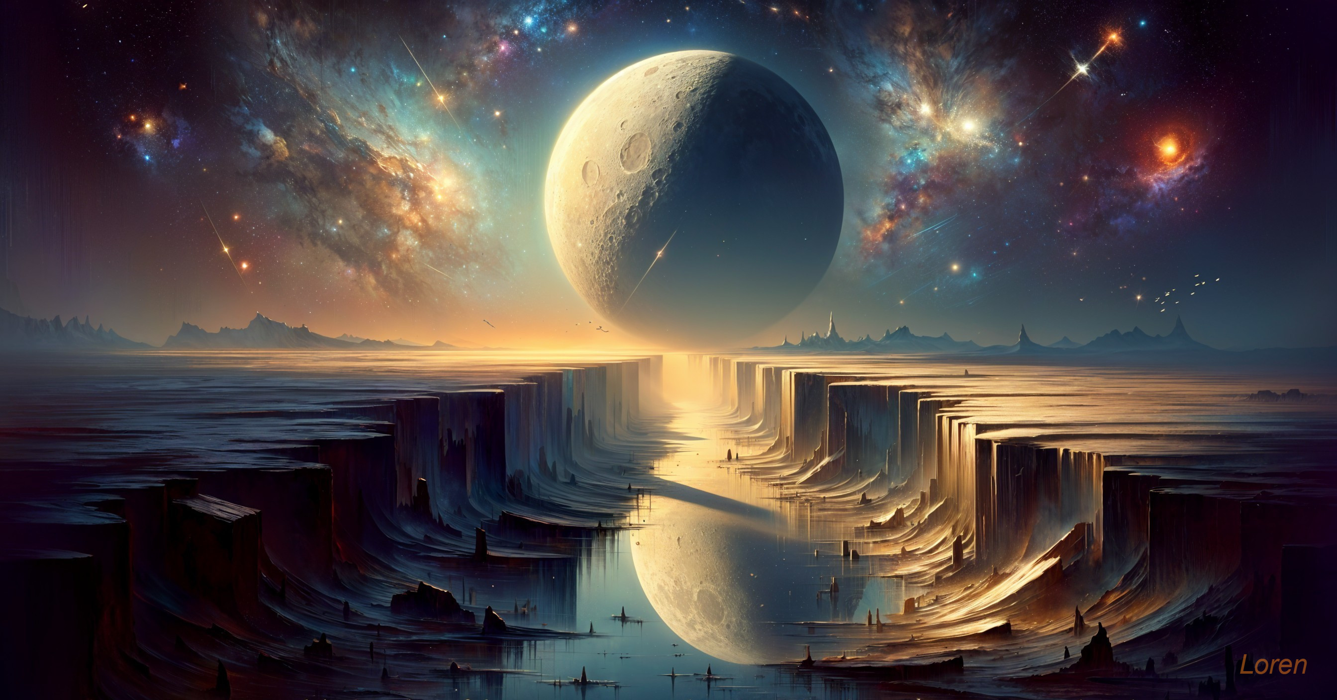 Cosmic Landscape with Moon and Reflective Water