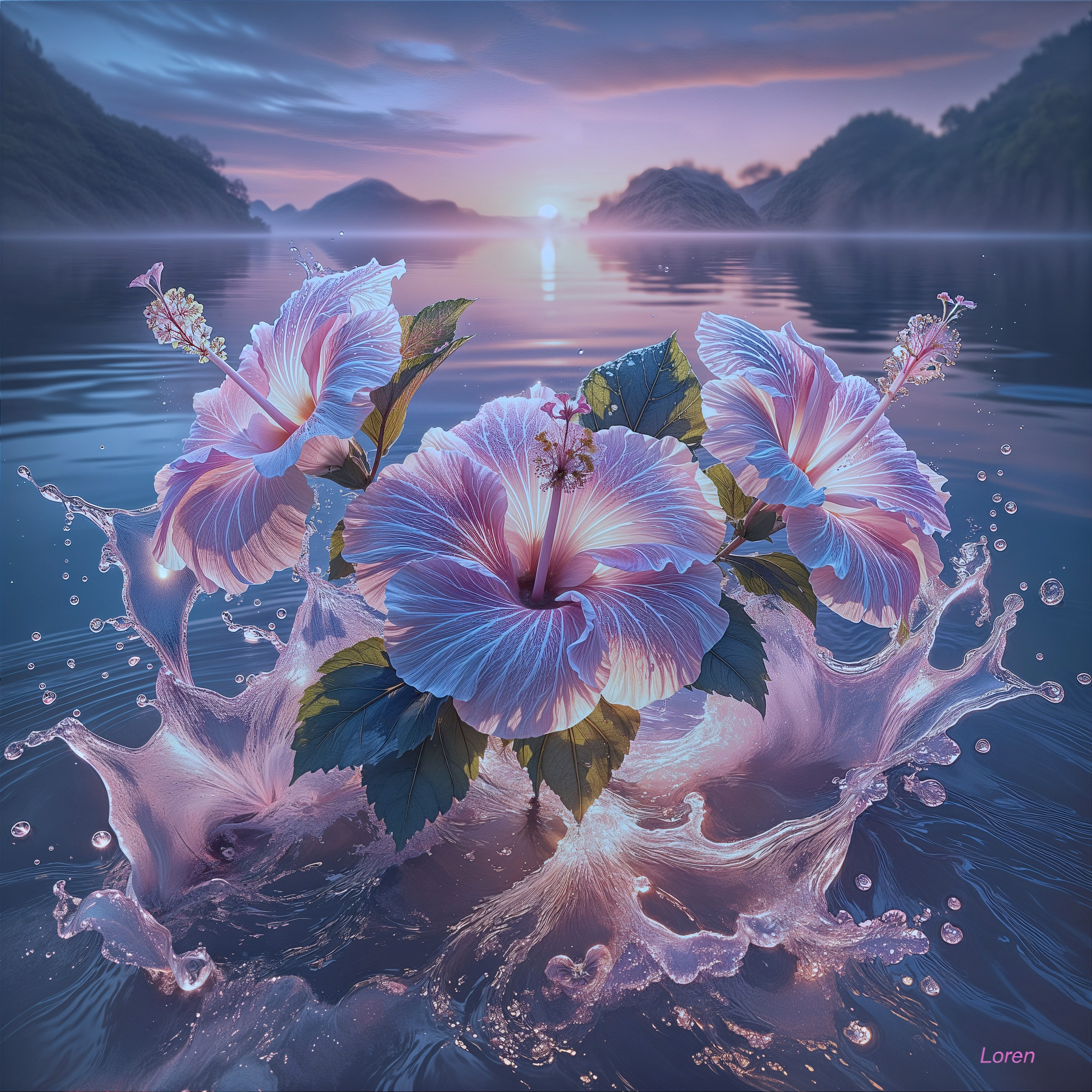 Hibiscus Flowers in Shimmering Waters at Sunrise