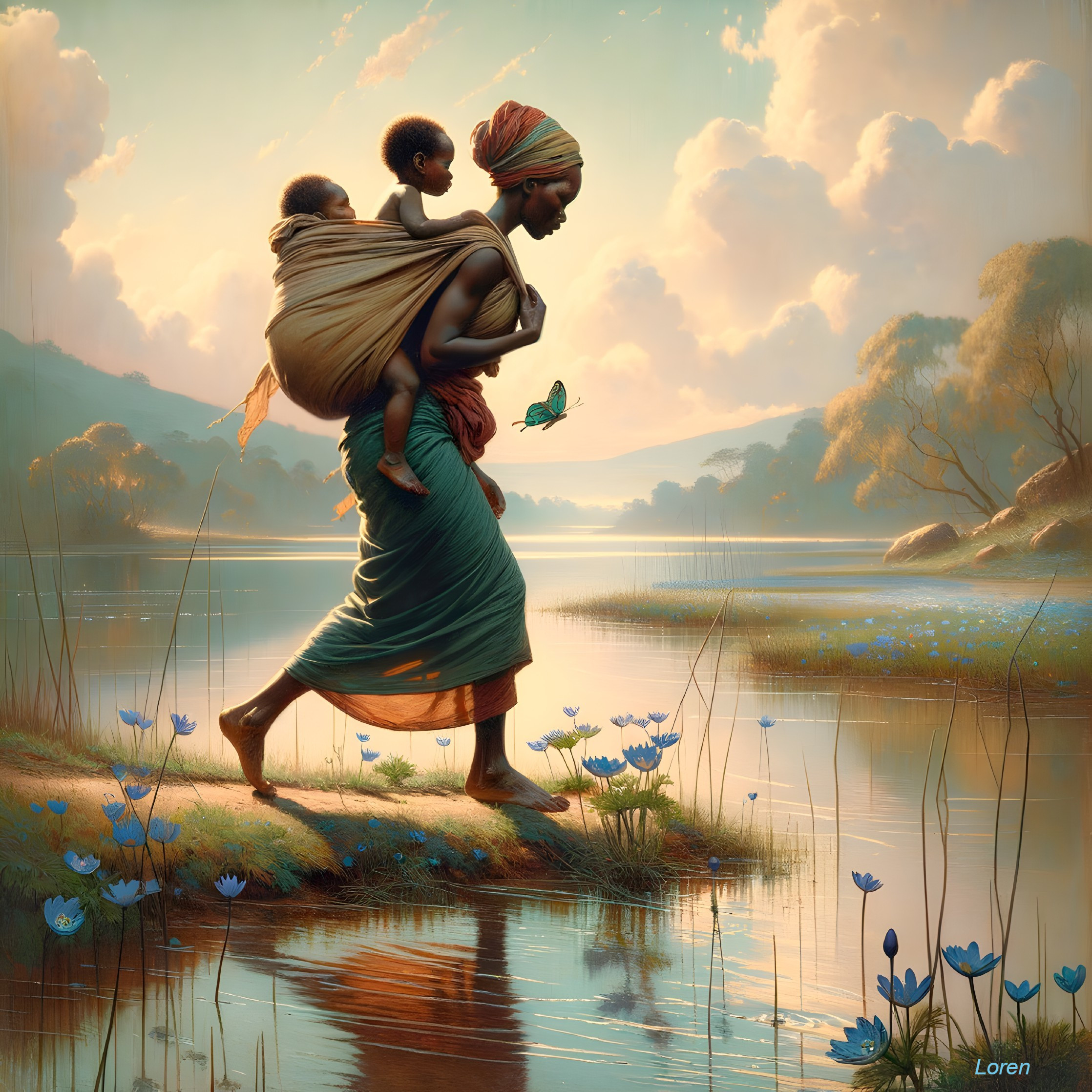 Woman Wading in Tranquil River with Children
