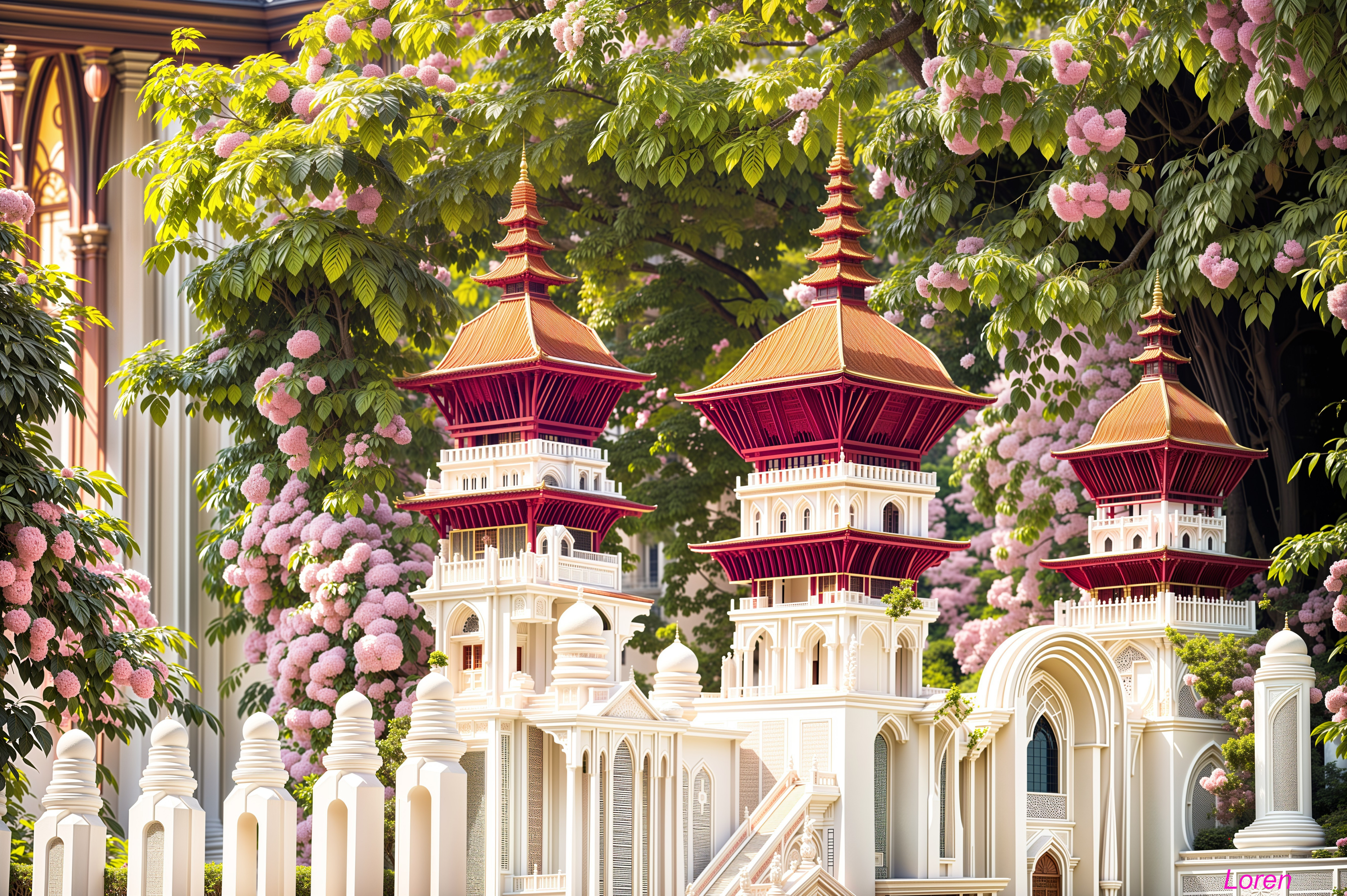 Ornate Towers with Red Roofs in Lush Greenery