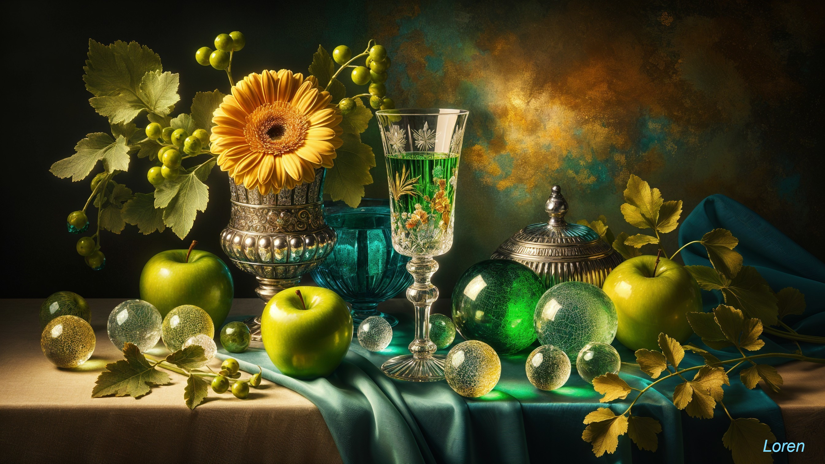 Vibrant Sunflower Still Life with Decorative Elements