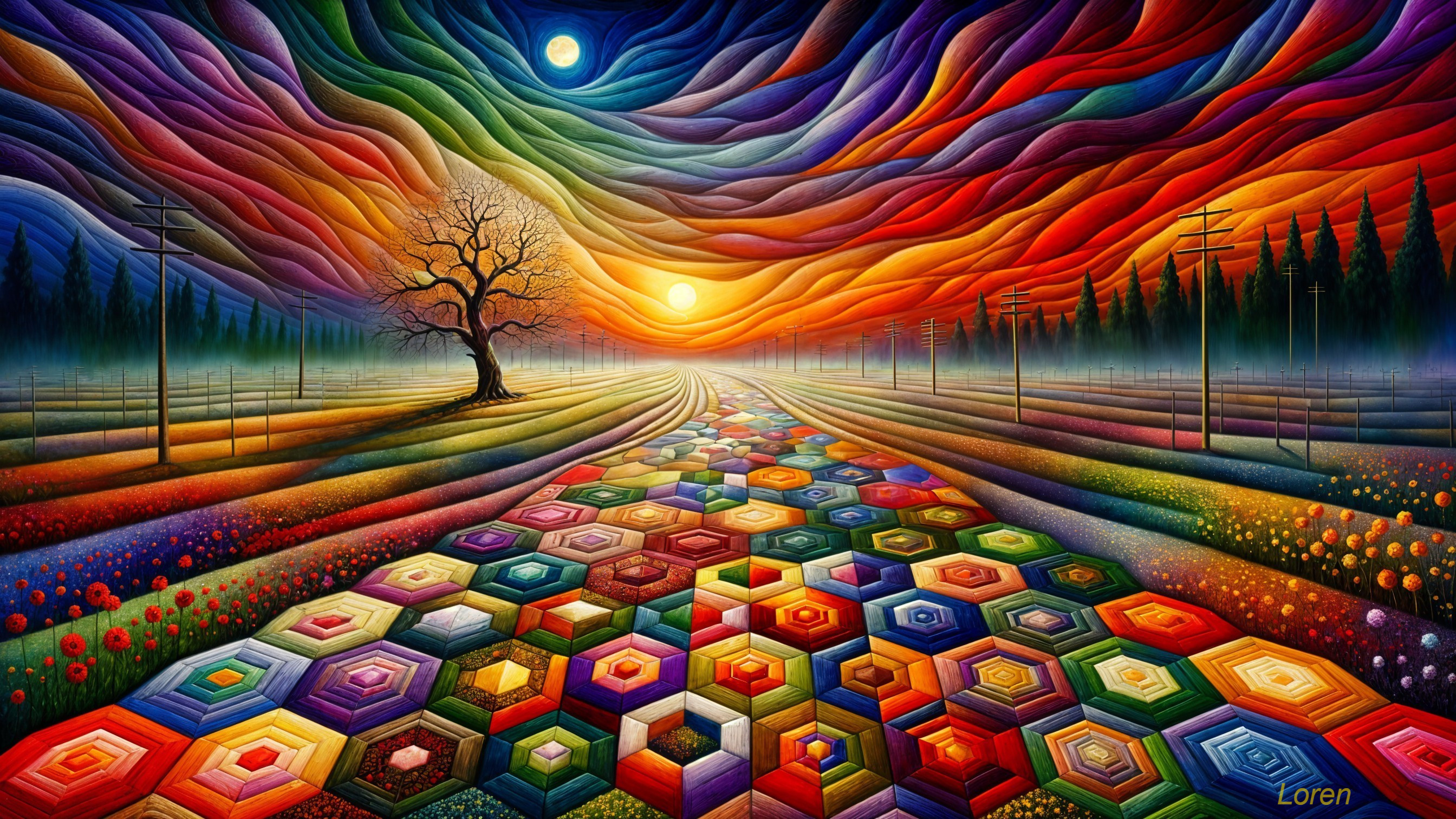 Vibrant landscape with colorful sky and lone tree
