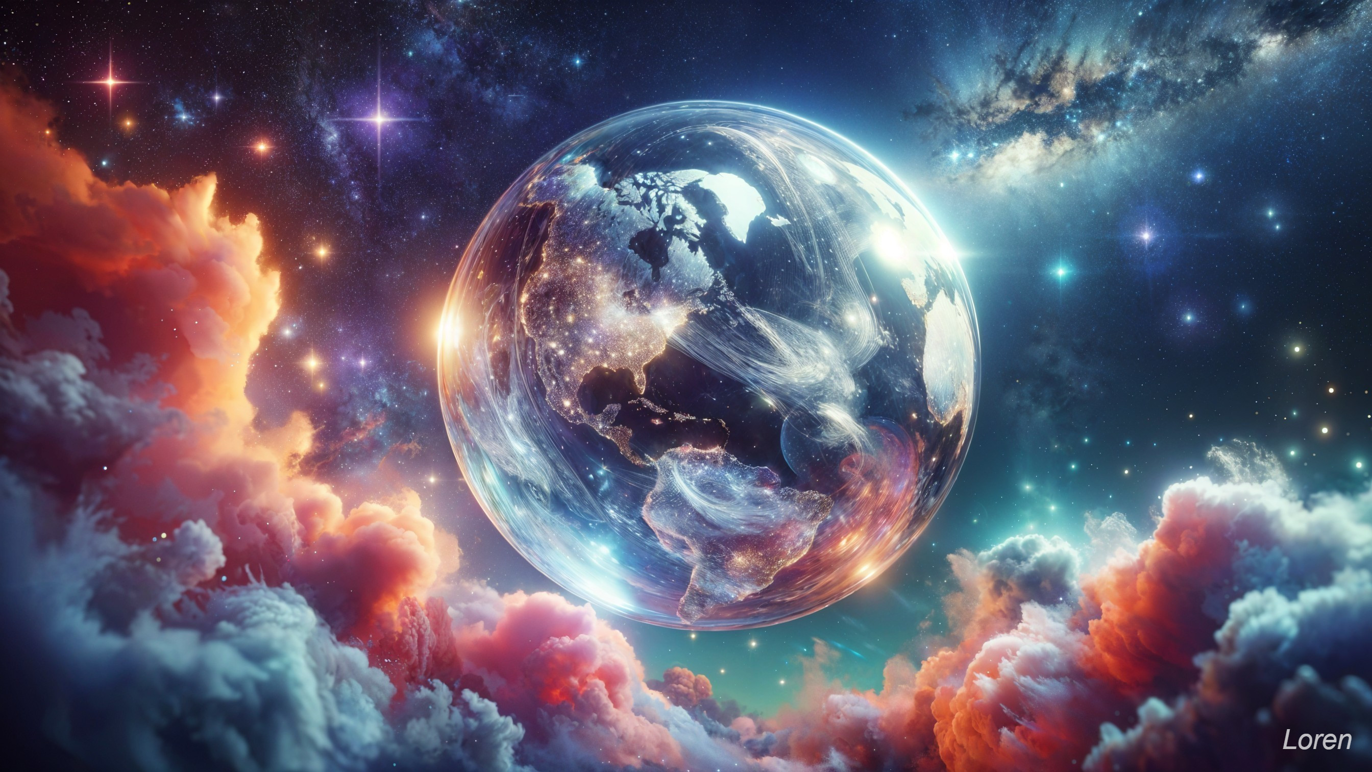 Vibrant Earth in Cosmic Scene with Swirling Gas Clouds
