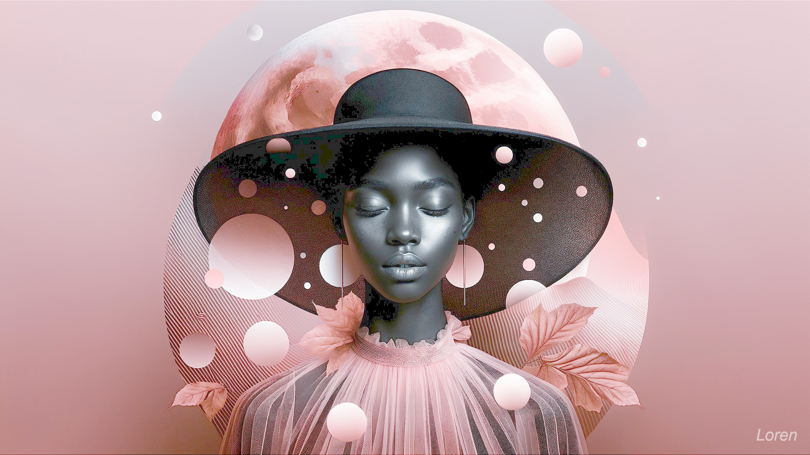Serene Woman in Wide-Brimmed Hat with Pastel Background