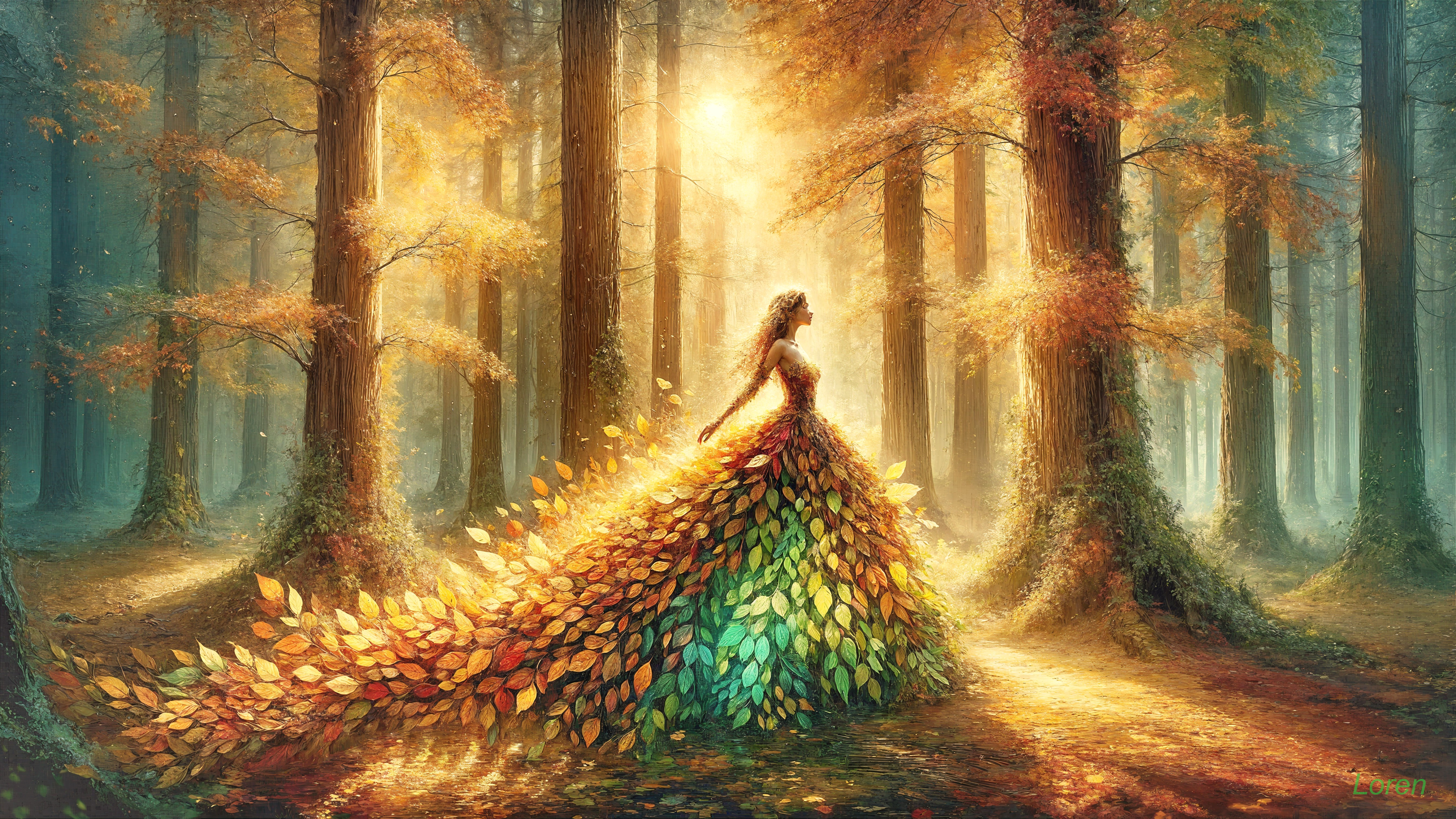 Magical Forest Scene with Colorful Autumn Gown