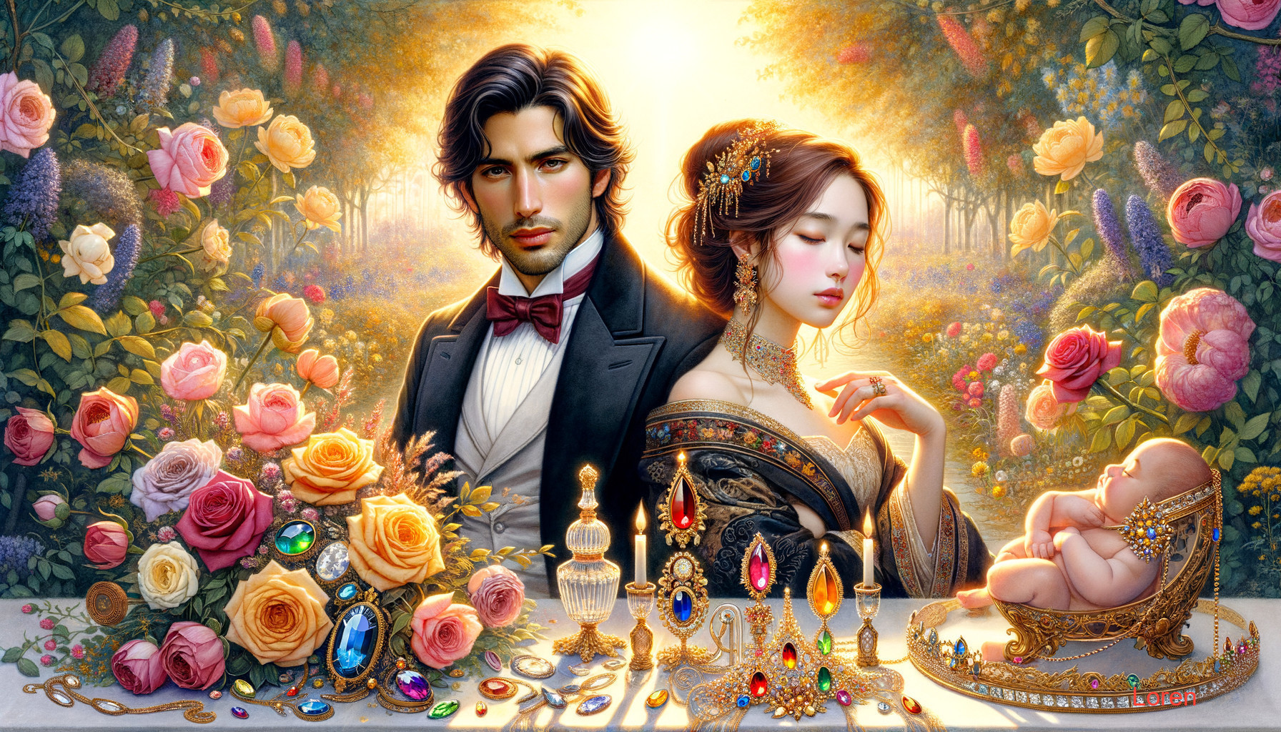 Elegant Couple in Garden Surrounded by Roses and Jewelry