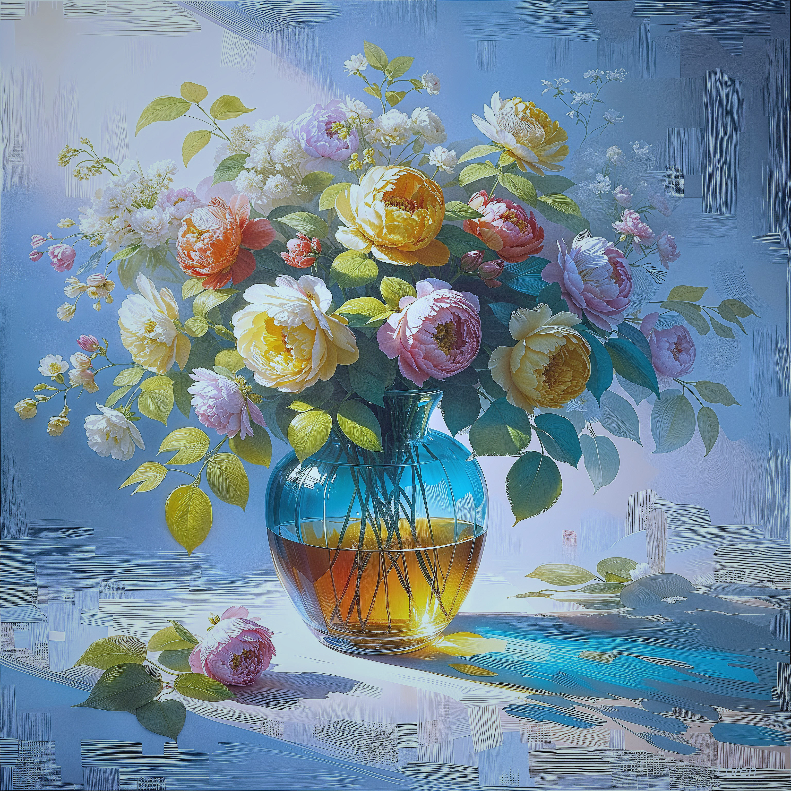 Vibrant Still Life of Peonies in Blue and Amber Vase