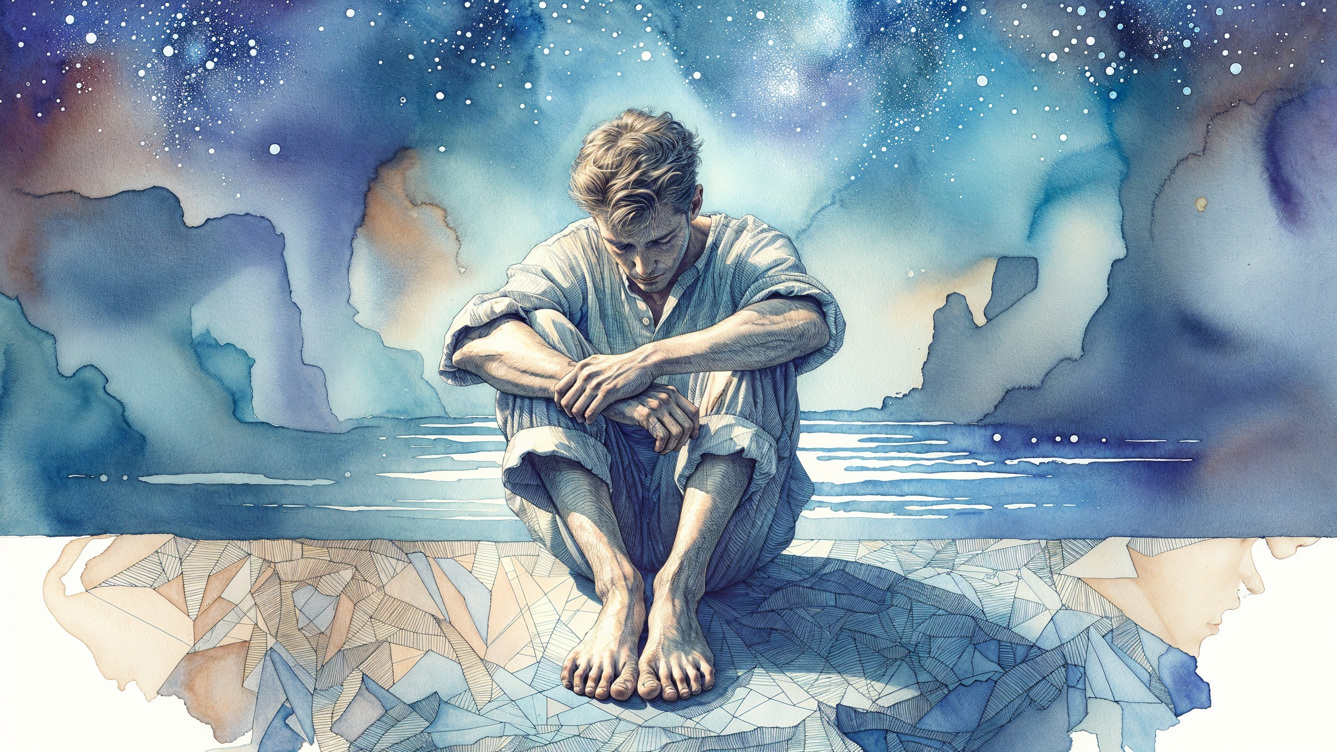 Contemplative Young Man in Fragmented Landscape Art