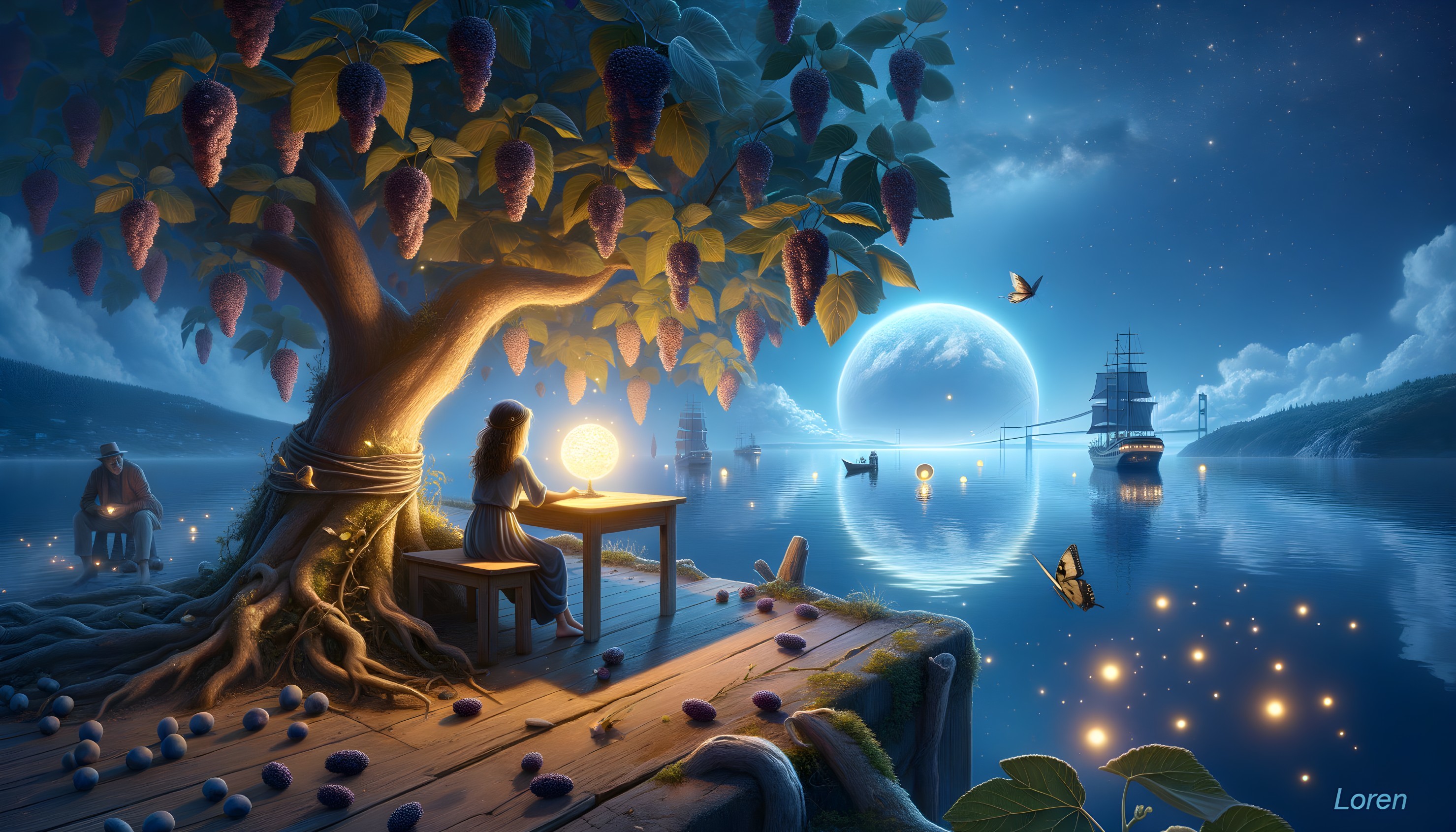 Serene Night Scene with Woman, Moon, and Butterflies