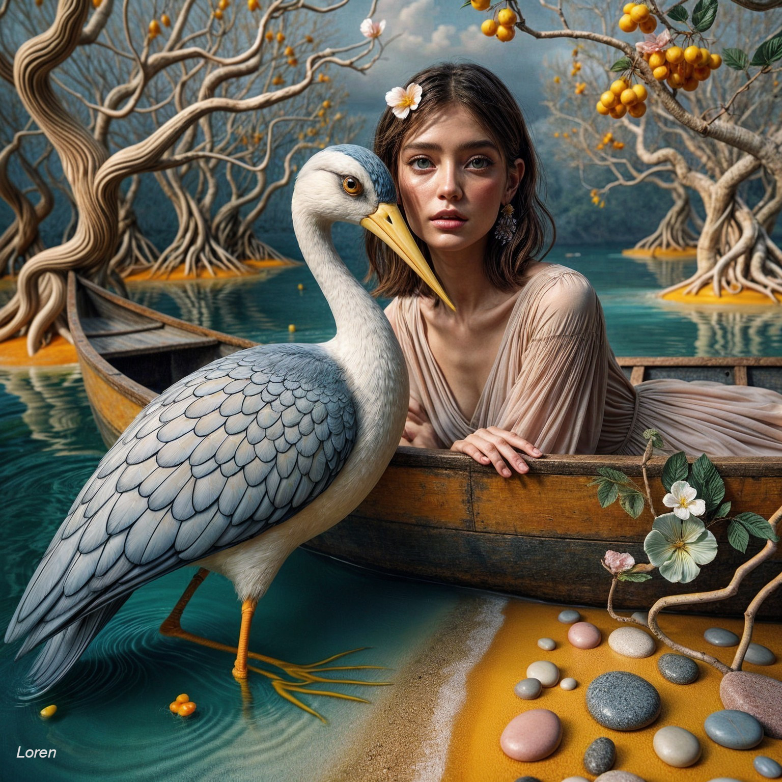 Surreal Landscape with Young Woman in Wooden Boat