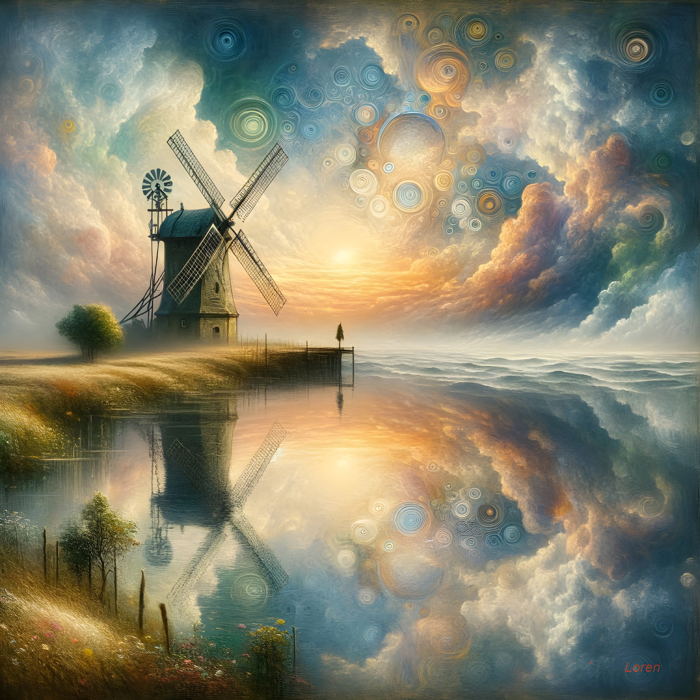 Serene Landscape with Windmill and Tranquil Lake