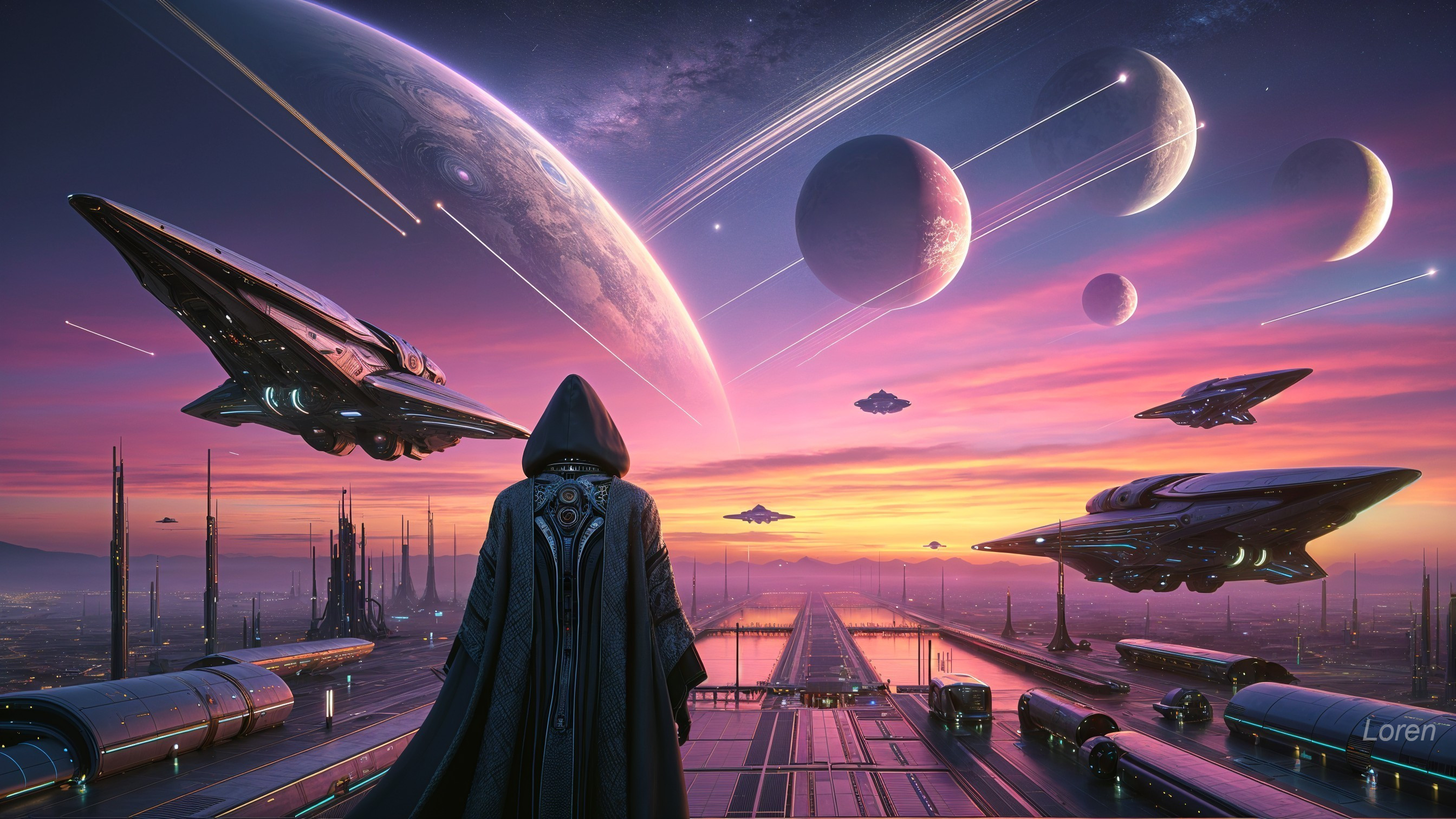 Cloaked Figure Overlooks Alien Landscape at Sunset