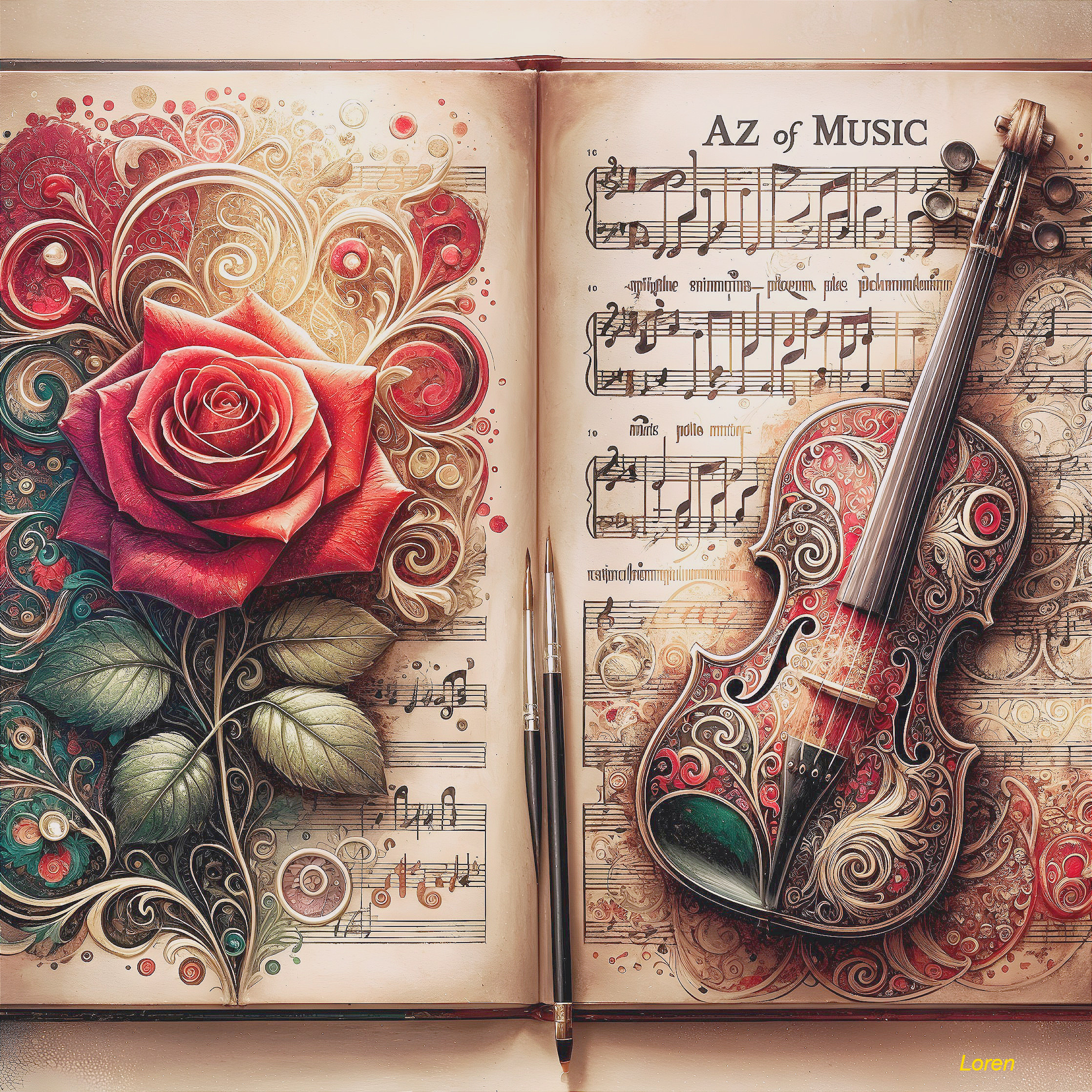 Violin with Floral Designs and Musical Notes Art