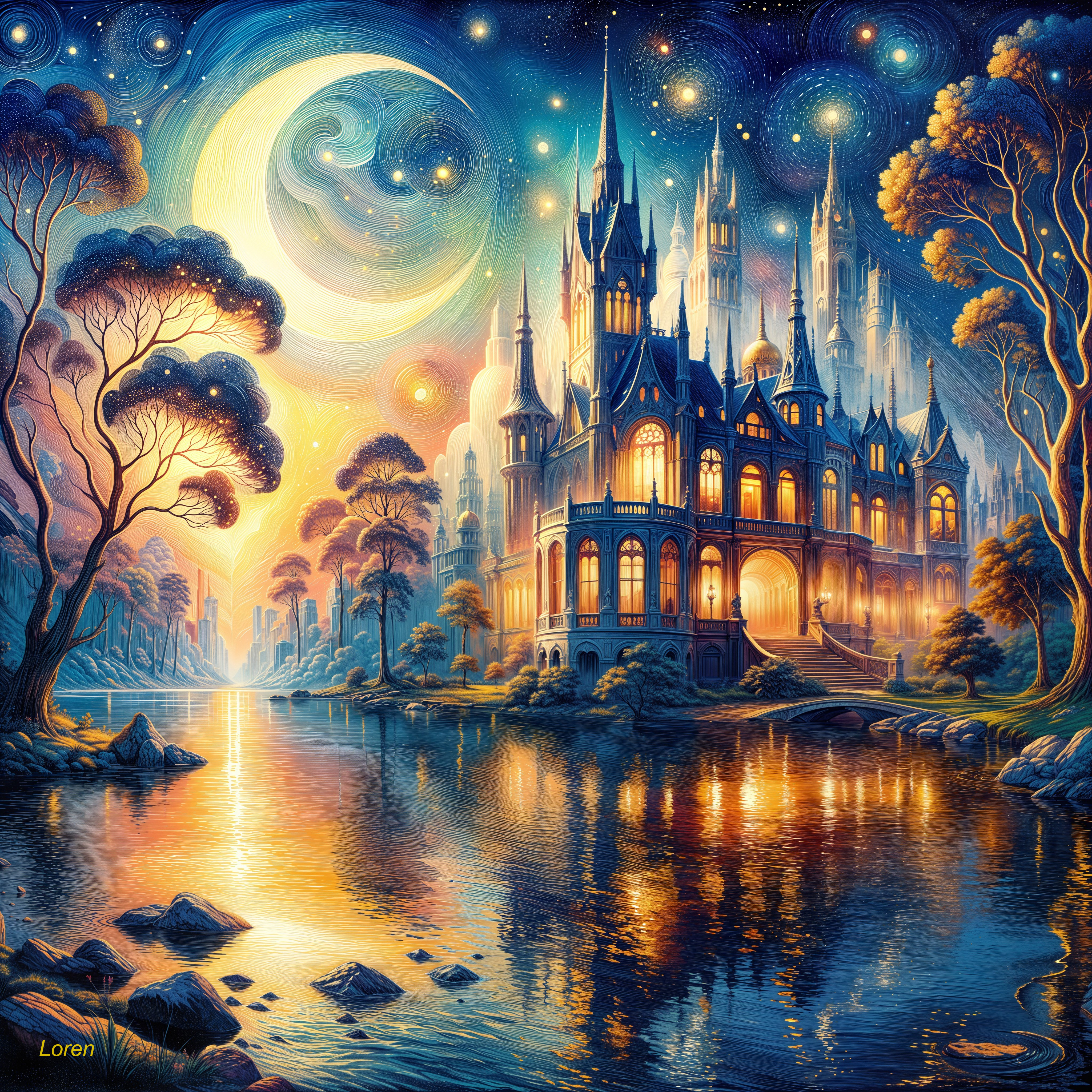 Majestic Castle in a Fantasy Landscape at Night