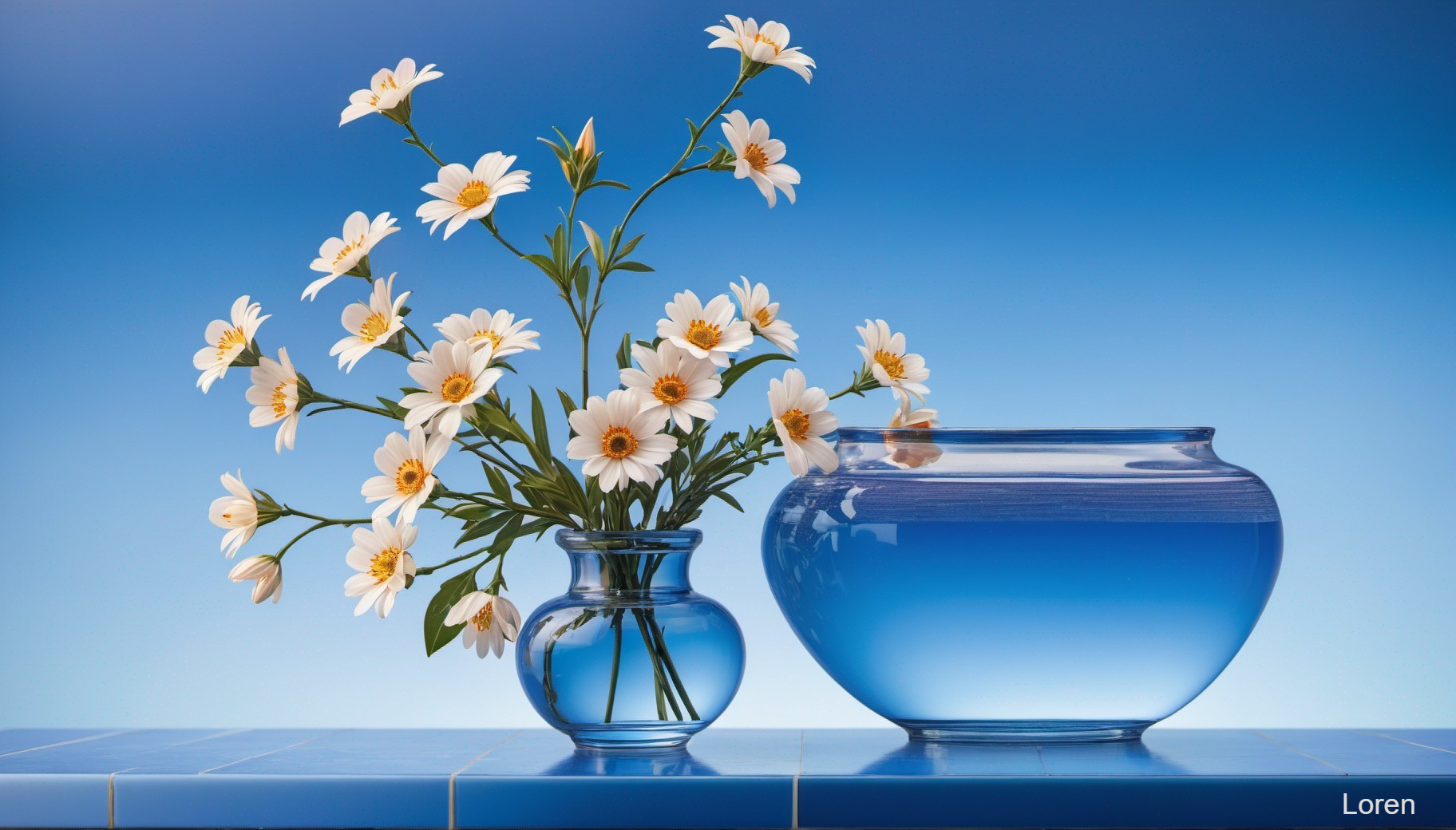 White Daisies in Clear Vase and Blue Fishbowl on Tiled Counter