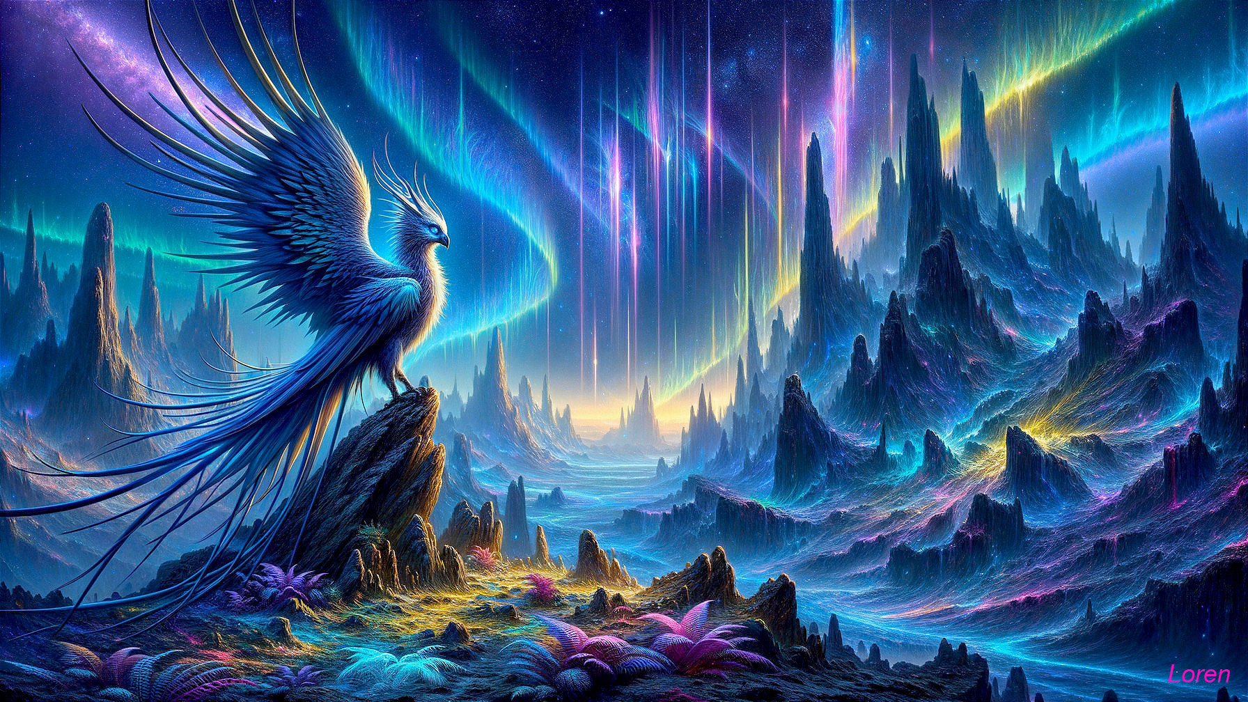 Majestic Phoenix in Otherworldly Landscape with Auroras