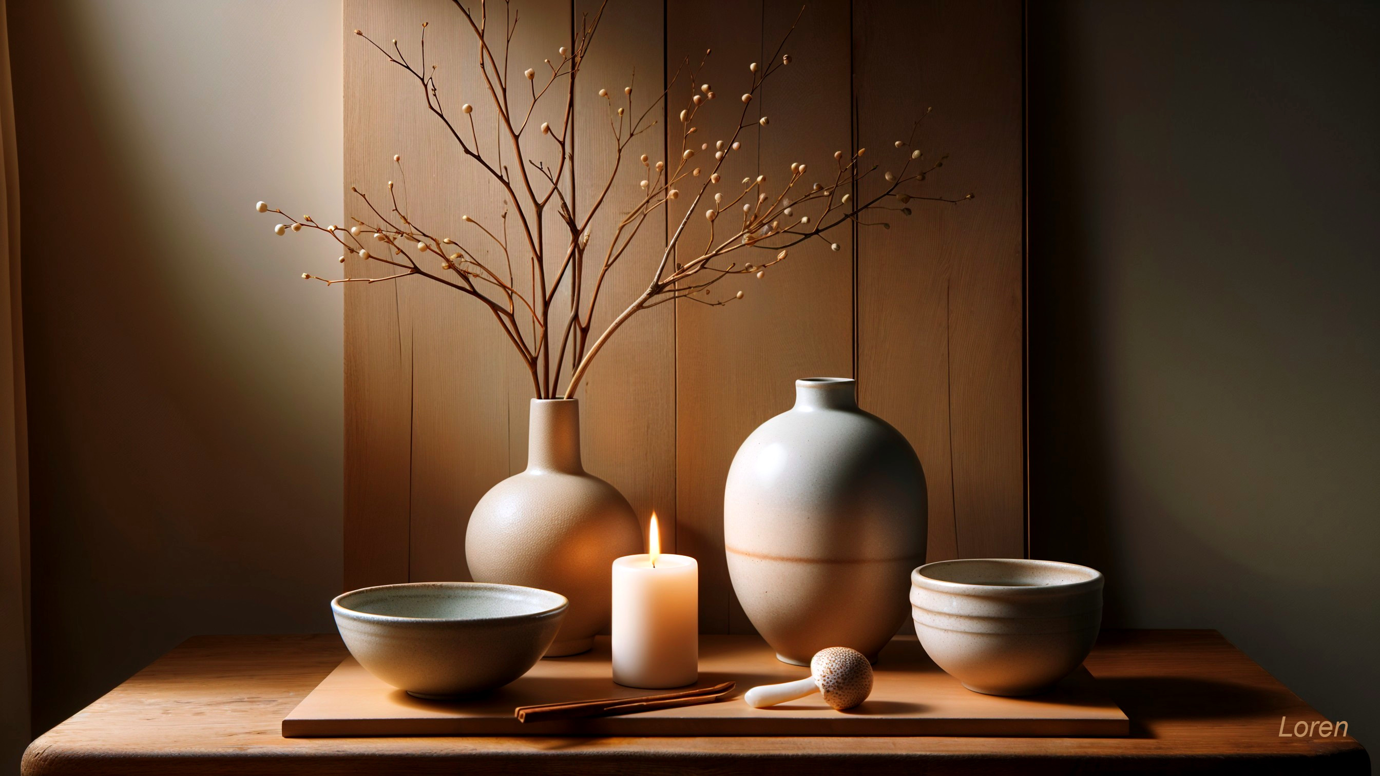 Ceramic Pots and Candle Arrangement on Wooden Surface