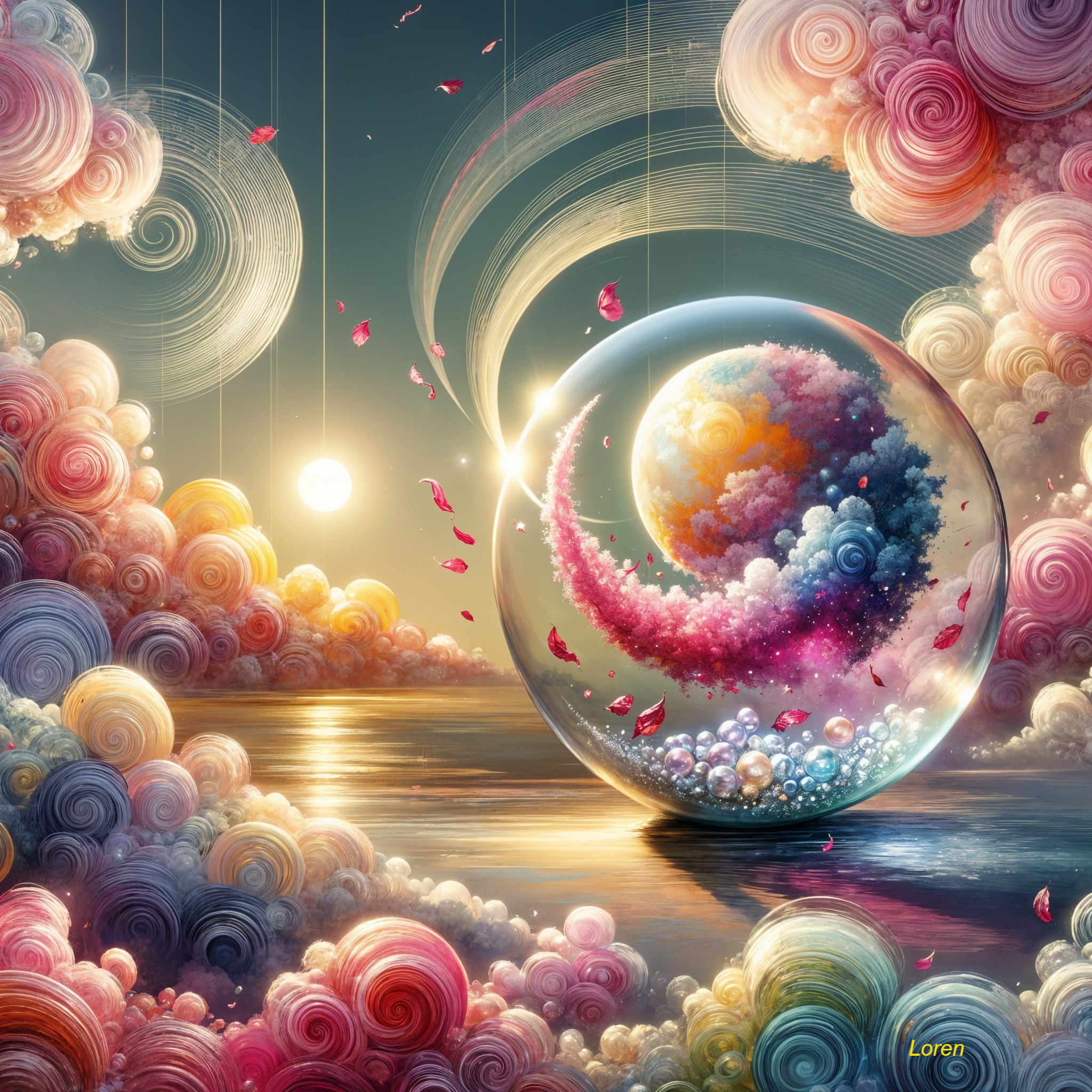 Surreal Landscape with Translucent Sphere and Clouds