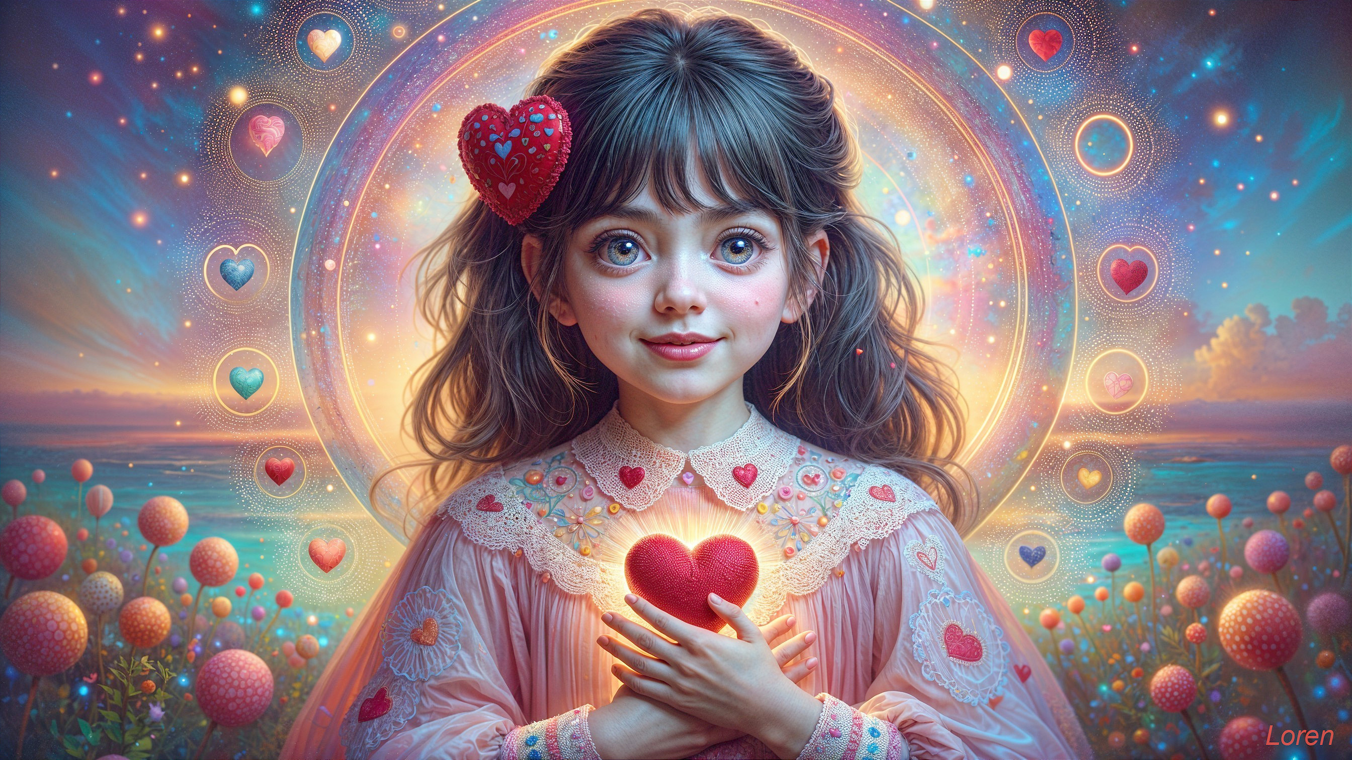 Whimsical Scene of a Girl with a Glowing Heart