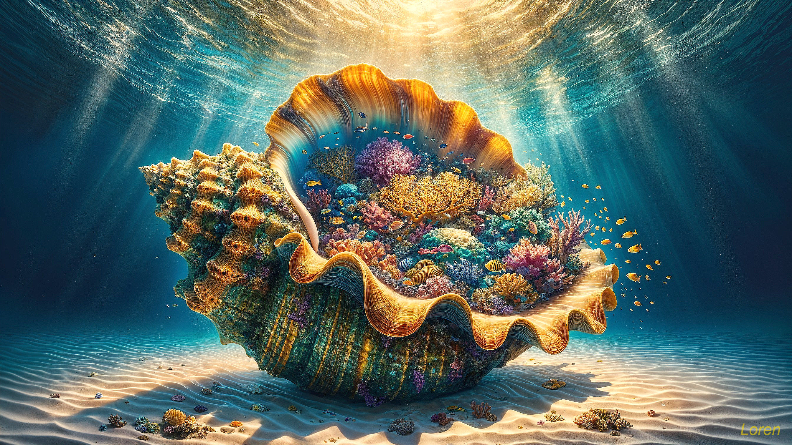 Vibrant Seashell with Coral and Marine Life Underwater
