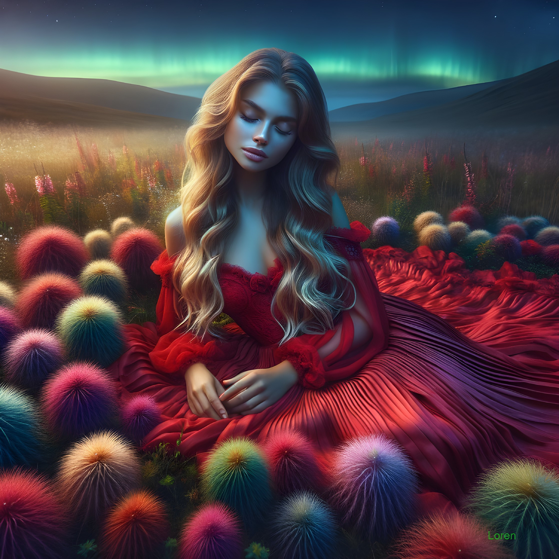 Young Woman in Red Dress Amidst Colorful Landscape