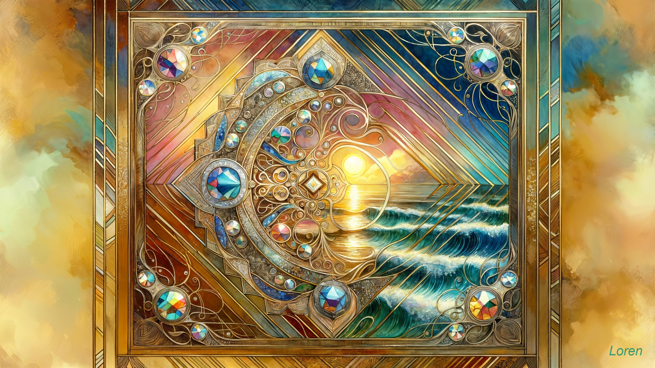 Golden Frame with Sunset and Gentle Waves
