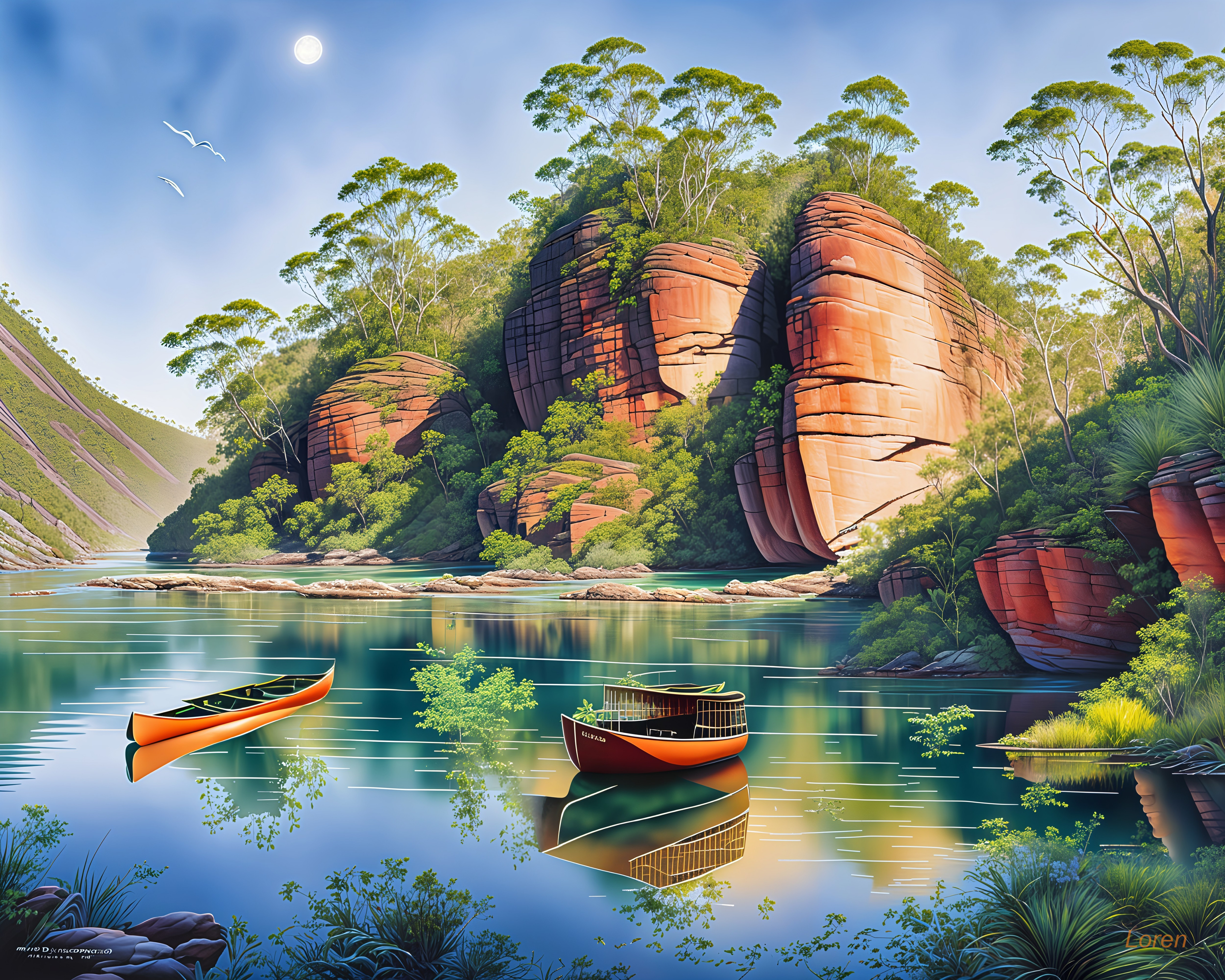 Serene Landscape with Red Rocks and Calm River