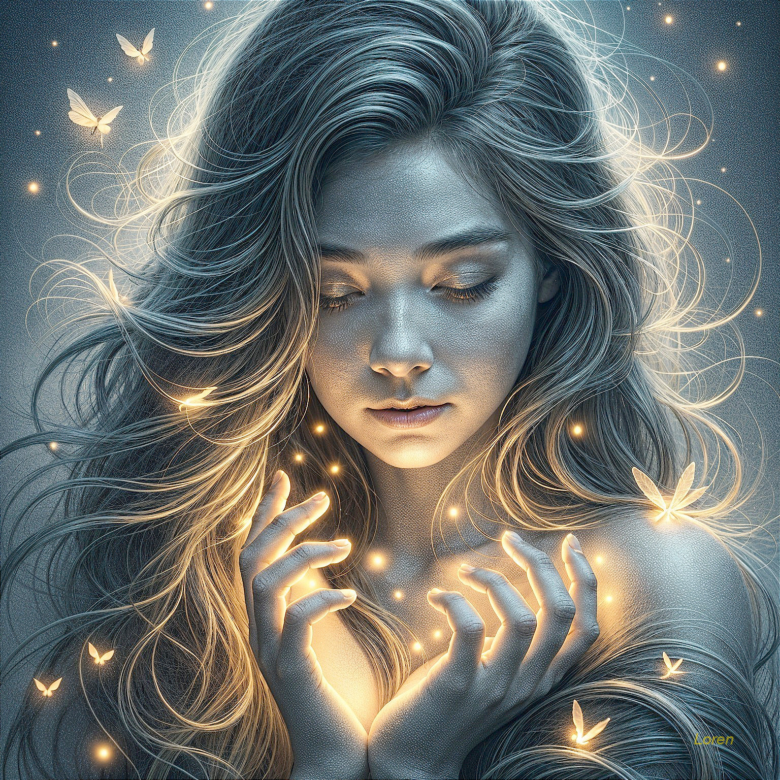 Young woman with luminous hair and glowing butterflies