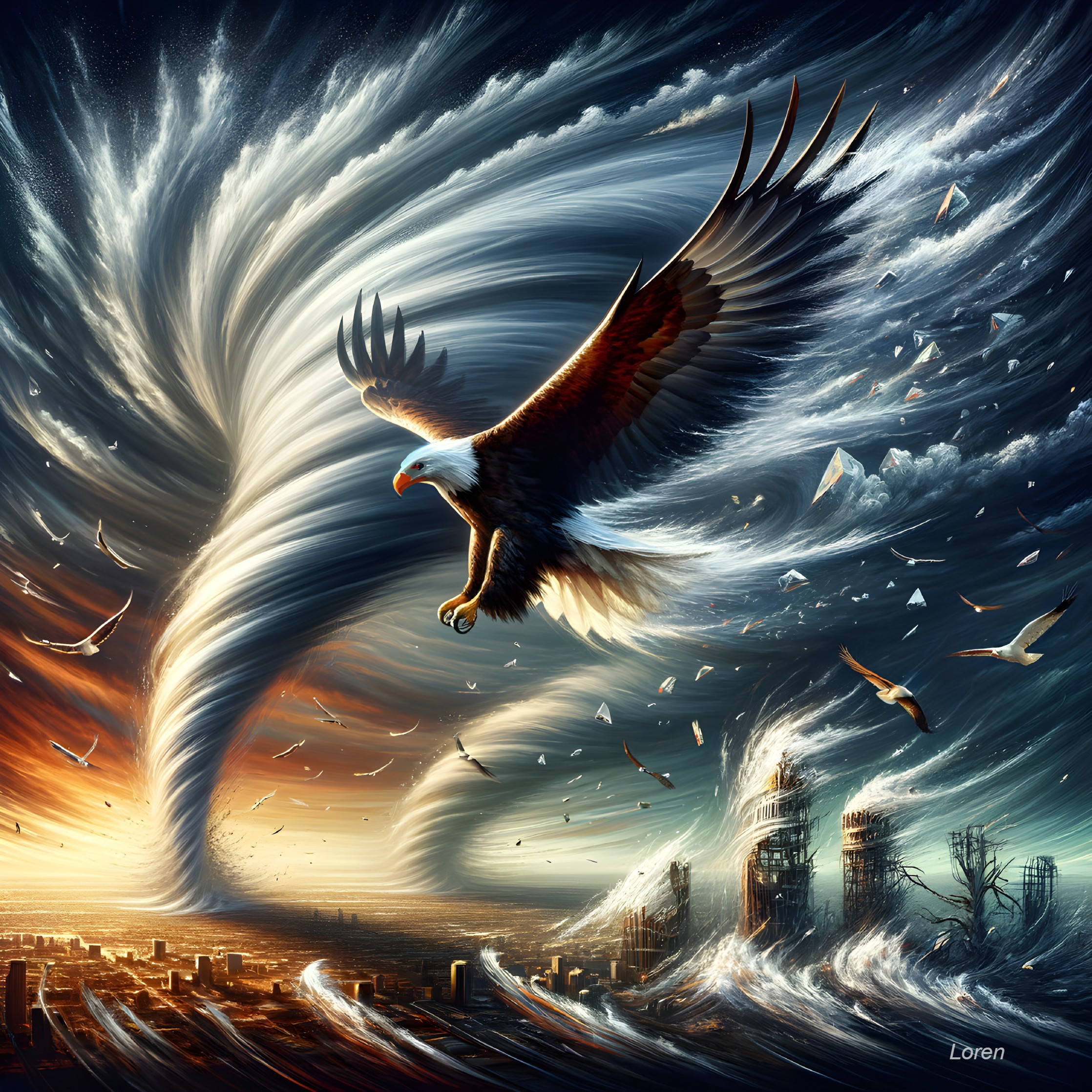 Eagle in Turbulent Skies Over Shattered Cityscape