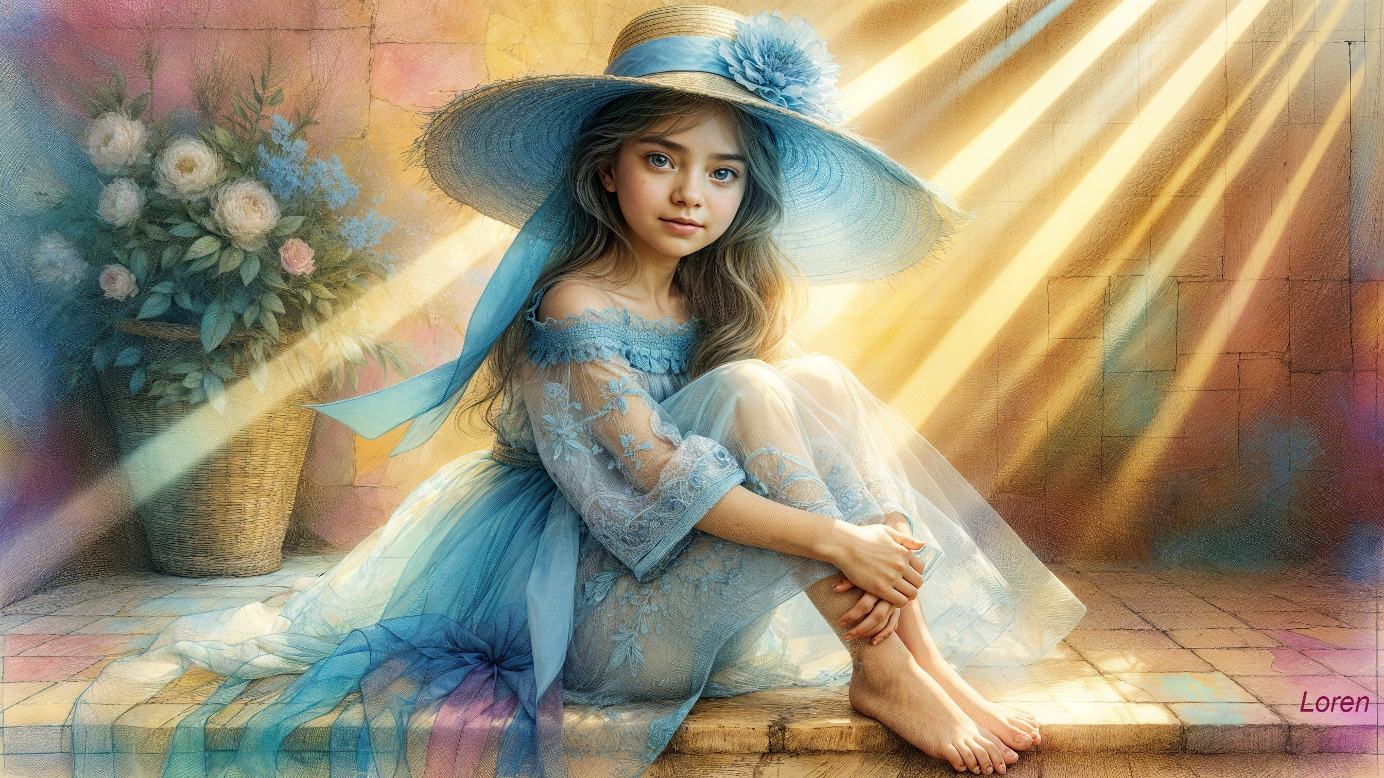 Young girl in blue dress with hat in sunlit setting