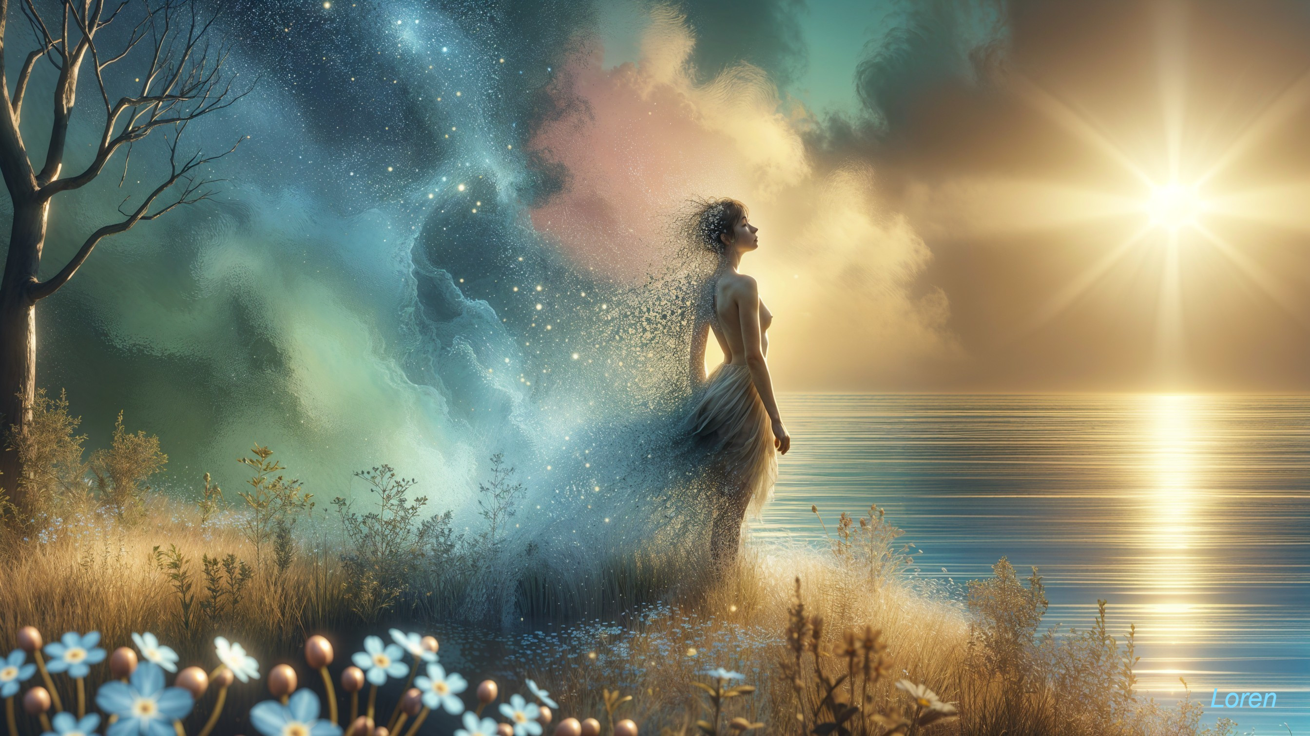 Serene Figure by Water with Dreamlike Scenery